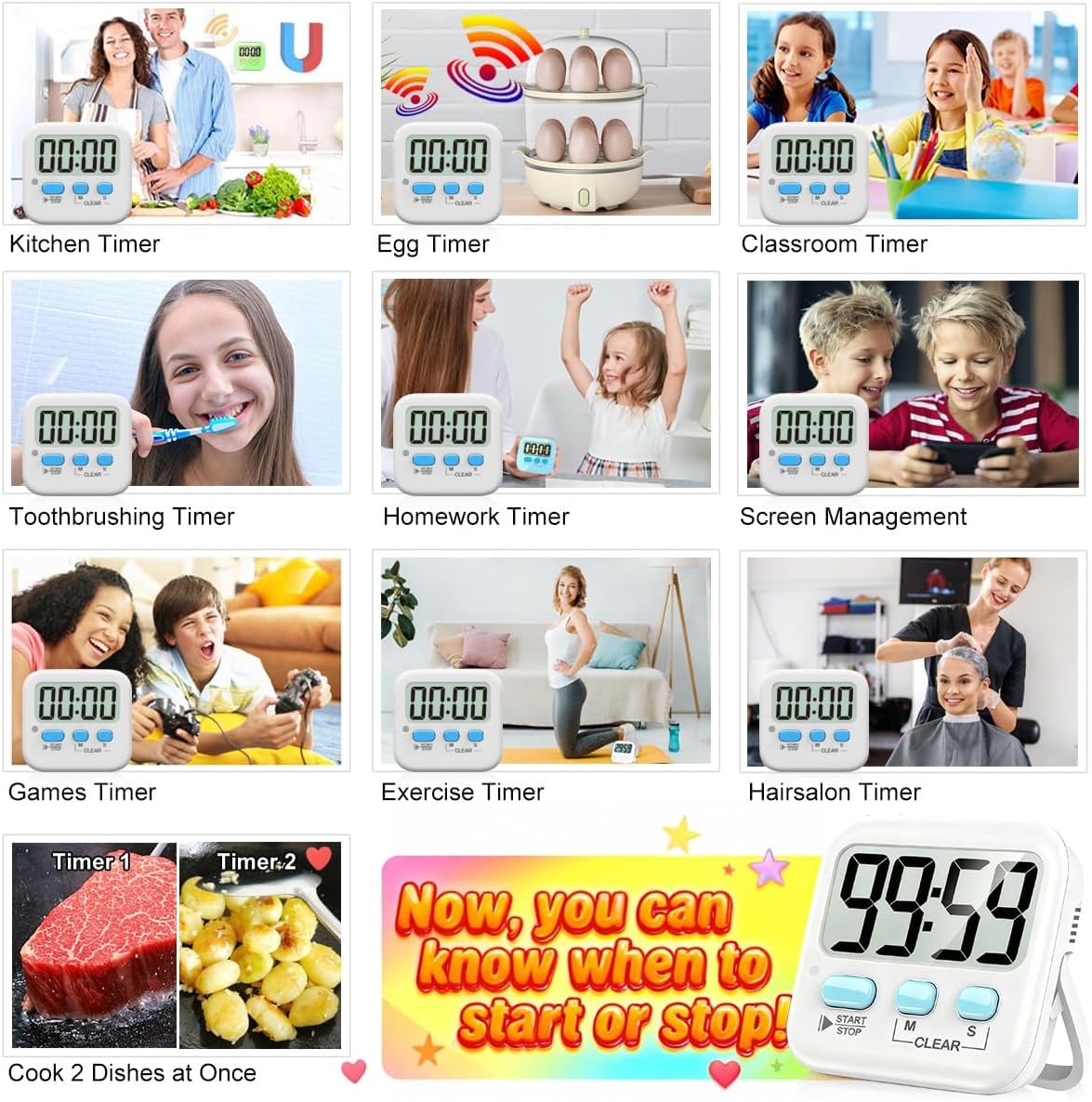 2 Pack Magnetic Digital Timer Battery Included Multifunctional Timer