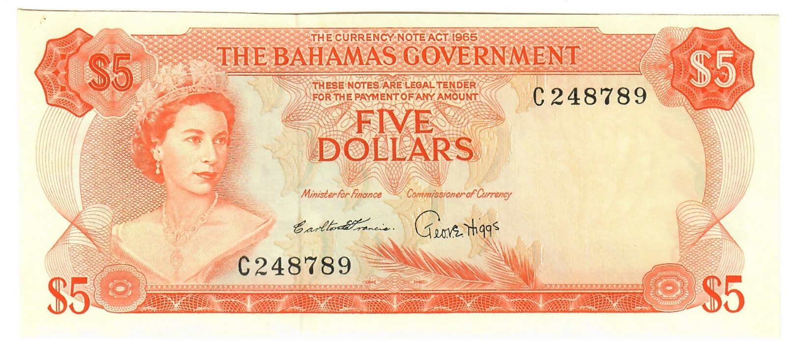 Bahamas 5 Dollars 1965 aUNC Bahamas Government Francis/Higgs