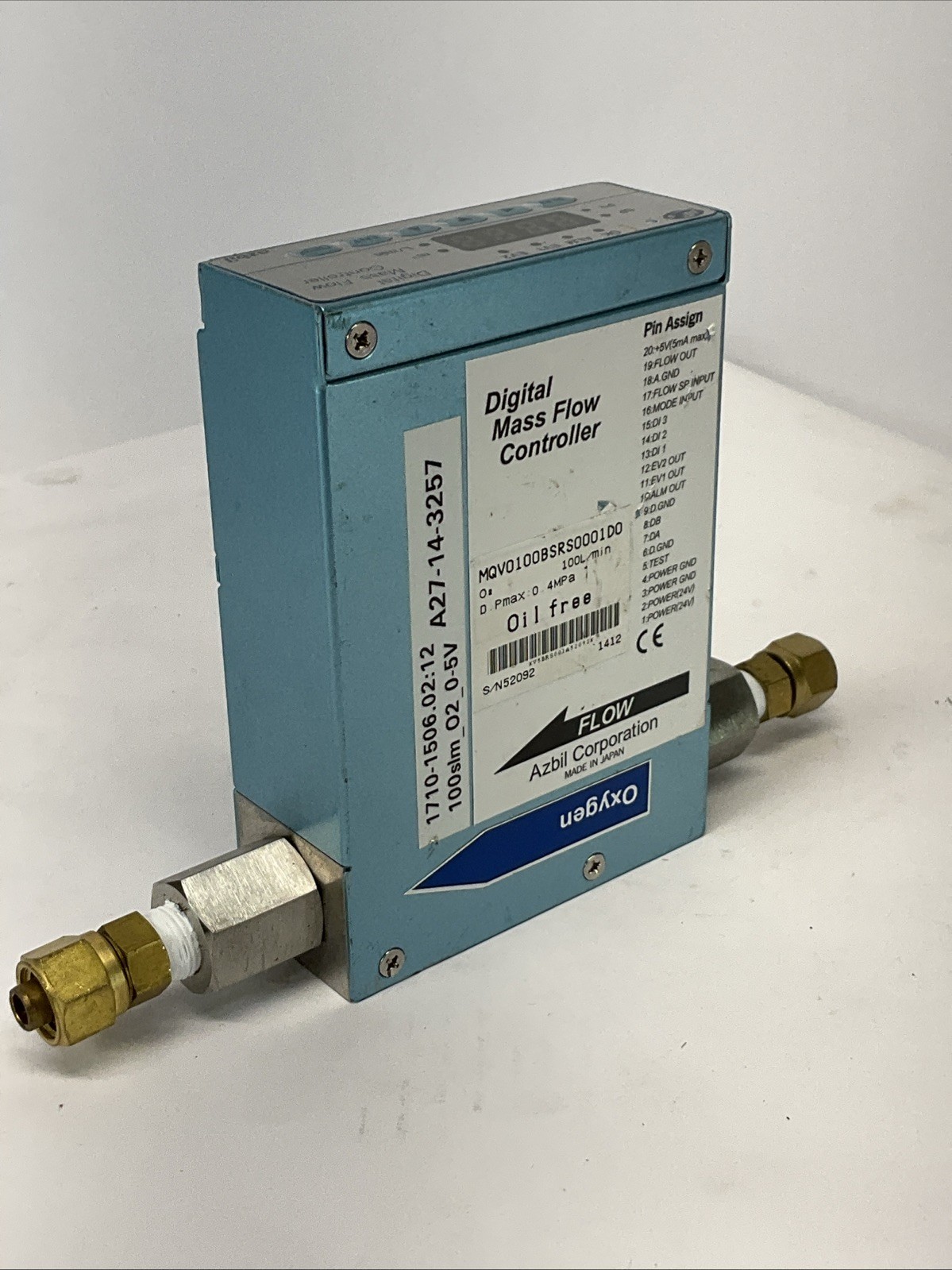 Azbil MQV9200BSRS0001D0 Digital Mass Flow Controller; O2(Oxygen); 100SLM