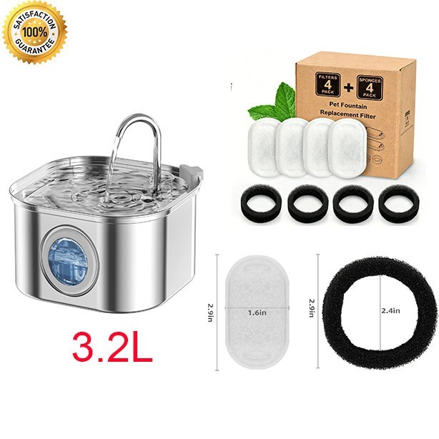 3.2L Stainless Steel Cat Water Fountain Pet Drinking Fountain Dispenser for Dogs