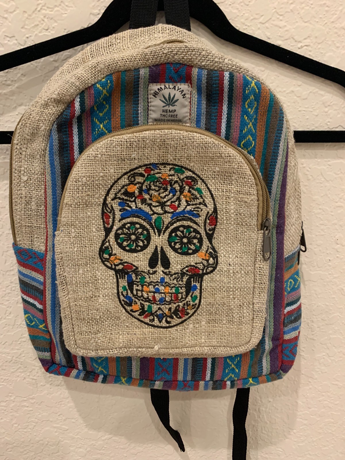 Handmade Nepali Himalayan Hemp Woven Backpack – Skull & Rose Design – Boho Style