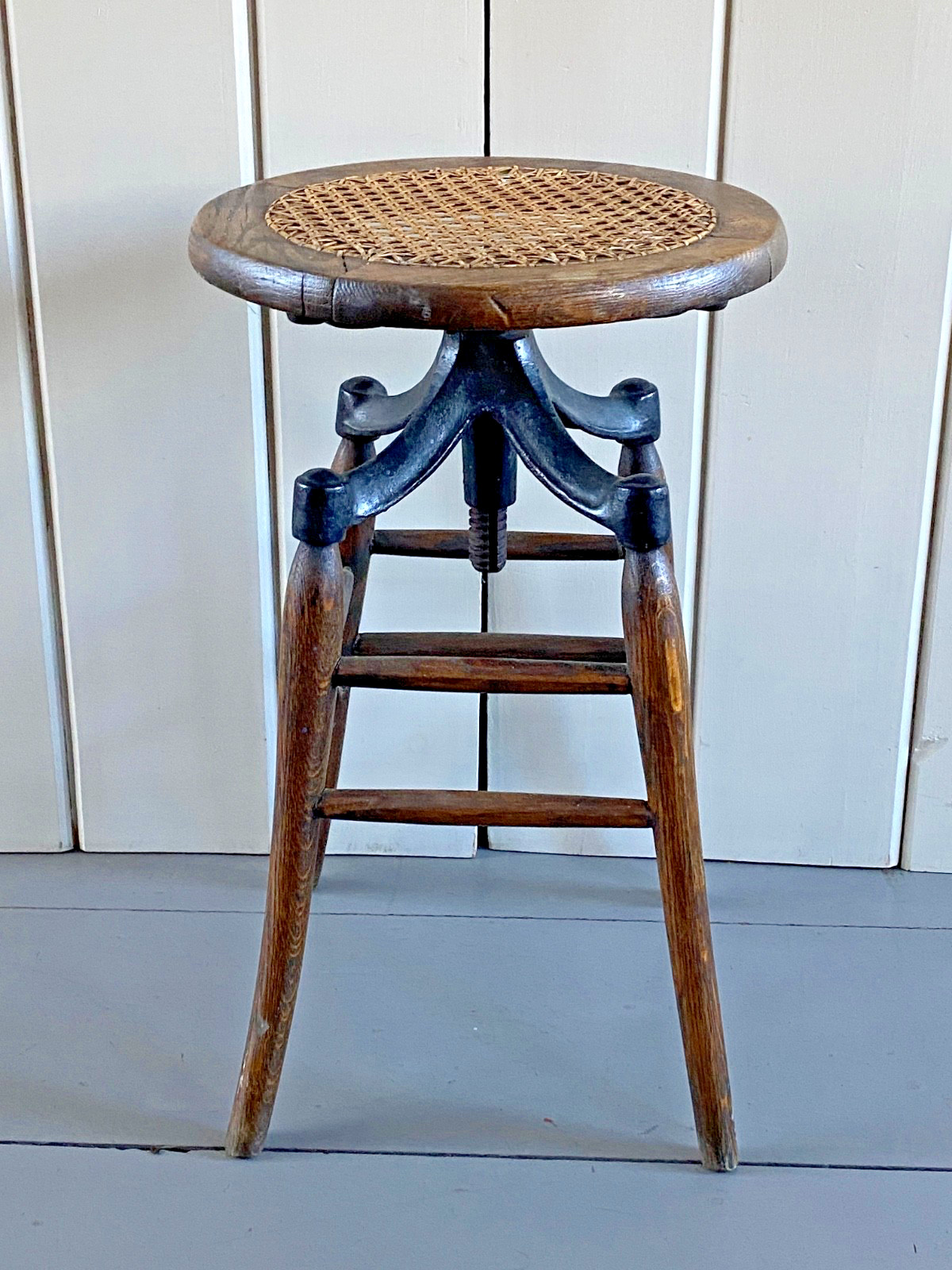 Antique Drafting Piano Bar Stool Oak Cast Iron Cane swivel chair  industrial