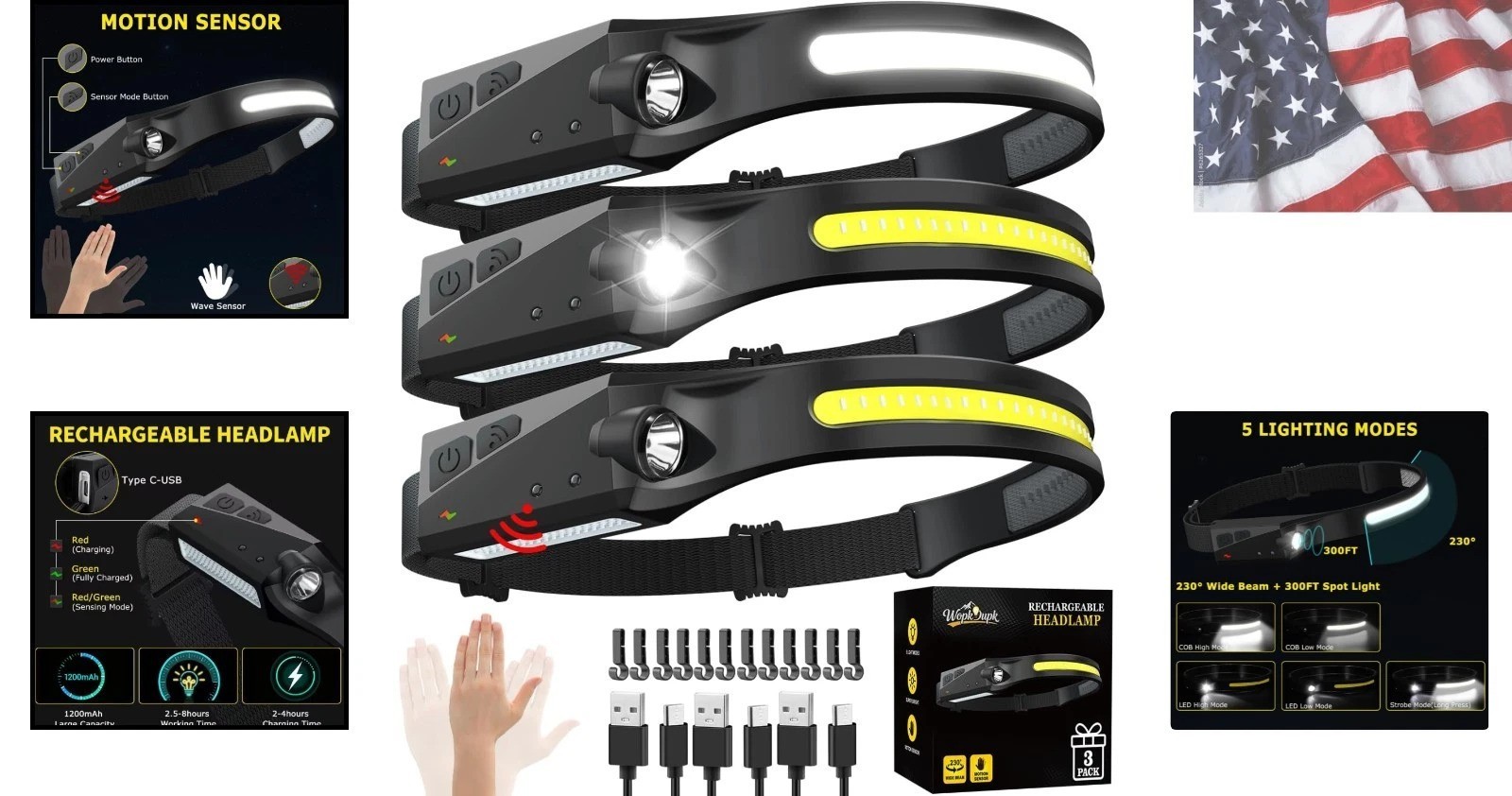 Rechargeable Headlamp 3PCS, 230° LED Head Lamp, Head Lights for Forehead | Mo...
