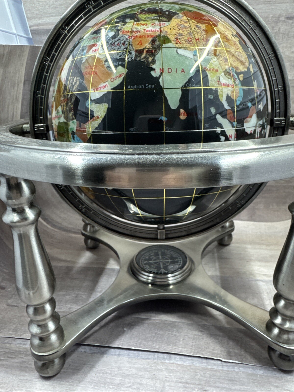 10” Tall Black Onix Ocean Table Top World Map Gemstone Globe 4-Leg Silver Stand