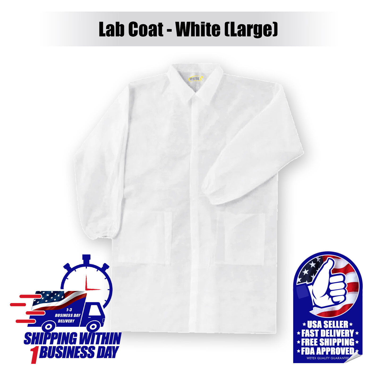 DISPOSABLE LAB COAT: 50 PCS, WHITE, 3 POCKETS, S/M/L/XL/XXL