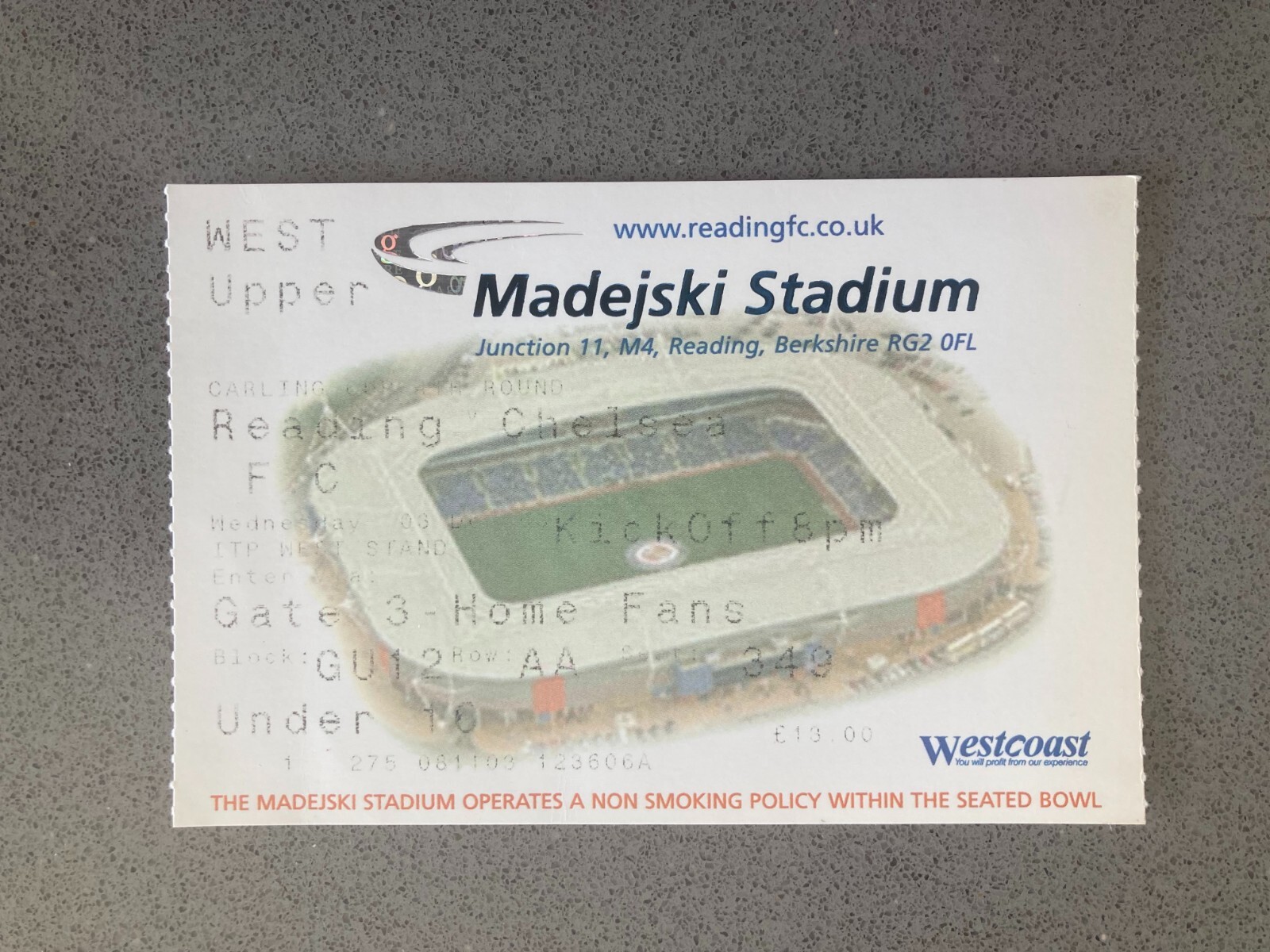 Reading v Chelsea 2003-04 Match Ticket