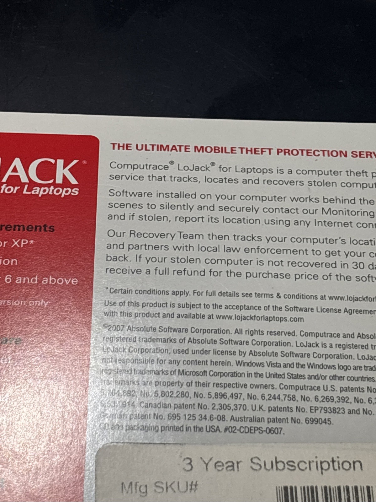 NEW Computrace LoJack for Laptops 3 Year Subscription Sealed Box LFL-SD-CC-36