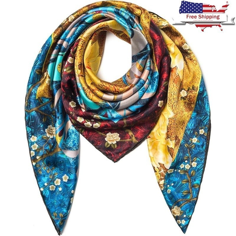 Luxury 100% Mulberry Silk Square Scarf Women Gift Hand Wash 43x43 Inches New