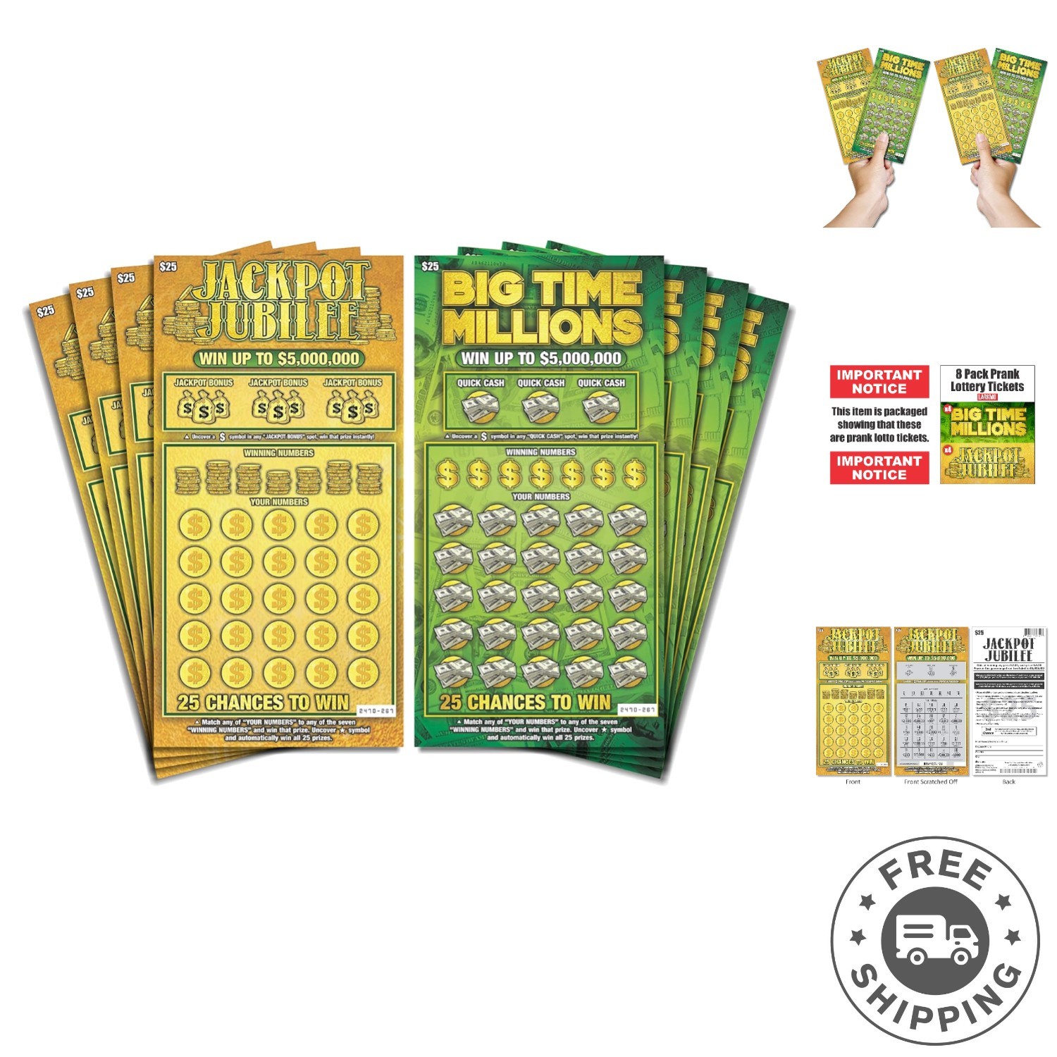 Ultimate Prank: 8 Scratch-Off Lottery Tickets with Winning Designs for Fun Gags
