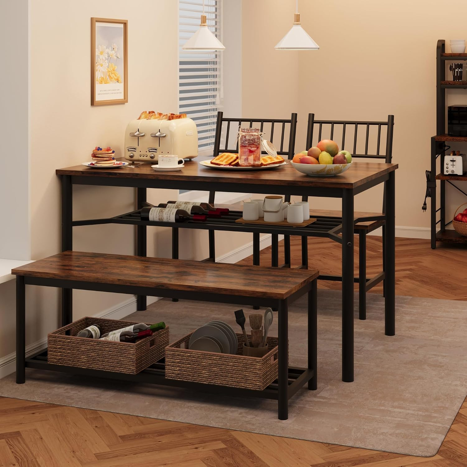 Dining Table Set for 4 with Bench and Chairs, 4-Piece Kitchen Table Set with Sto