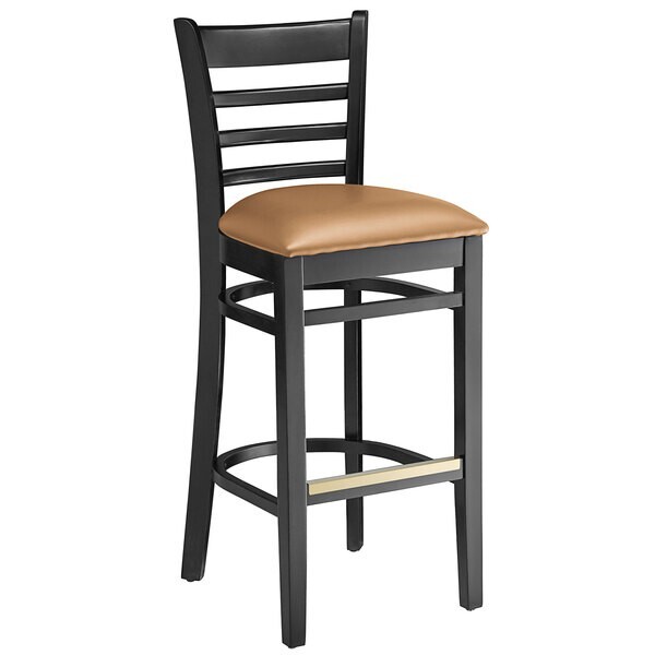 Black Wood Finish Ladder Back Restaurant Barstool with Light Brown Vinyl Seat