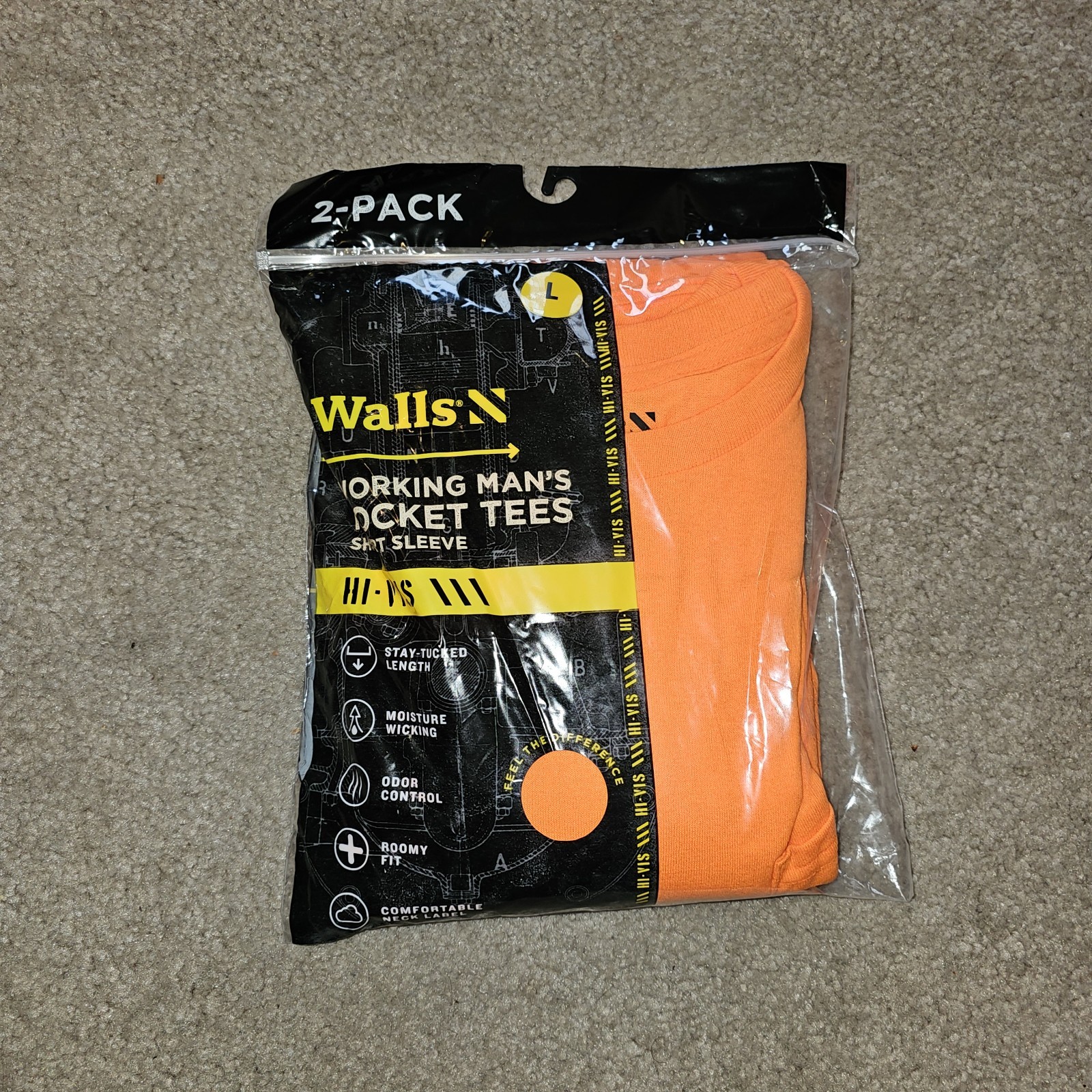 Walls Hi-Vis Orange Short Sleeve Working Man's Pocket Tees LARGE 2 Pack