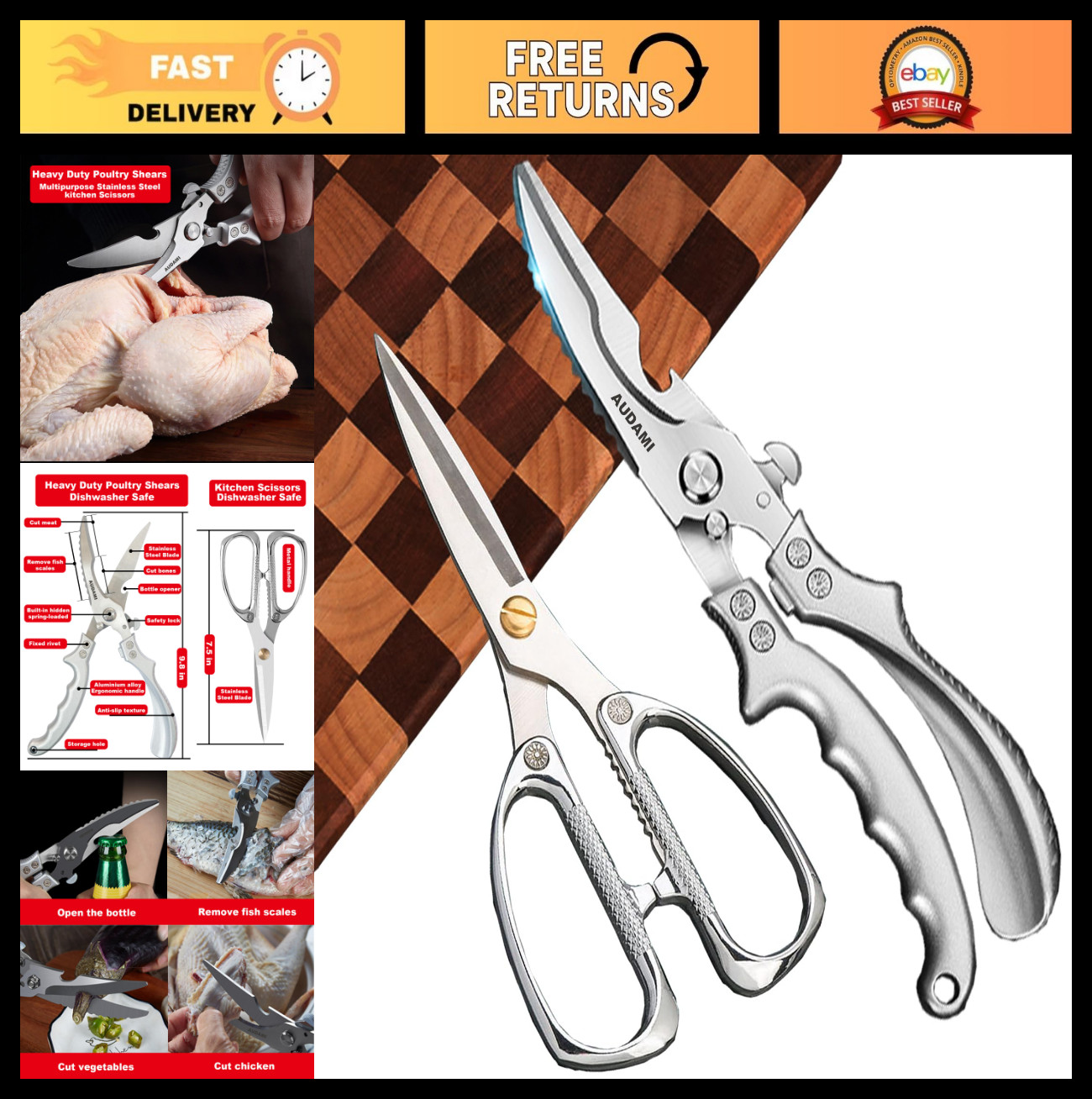2 Pack Heavy Duty Kitchen Shears - Stainless Steel All-Purpose Meat Scissors, Di