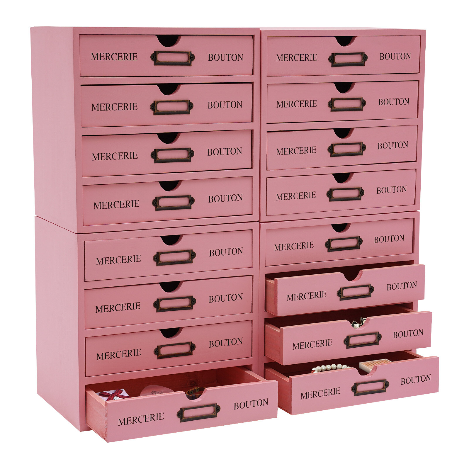 4 Pieces File Storage Box Desktop 16 Drawers Pink Wooden Storage Box