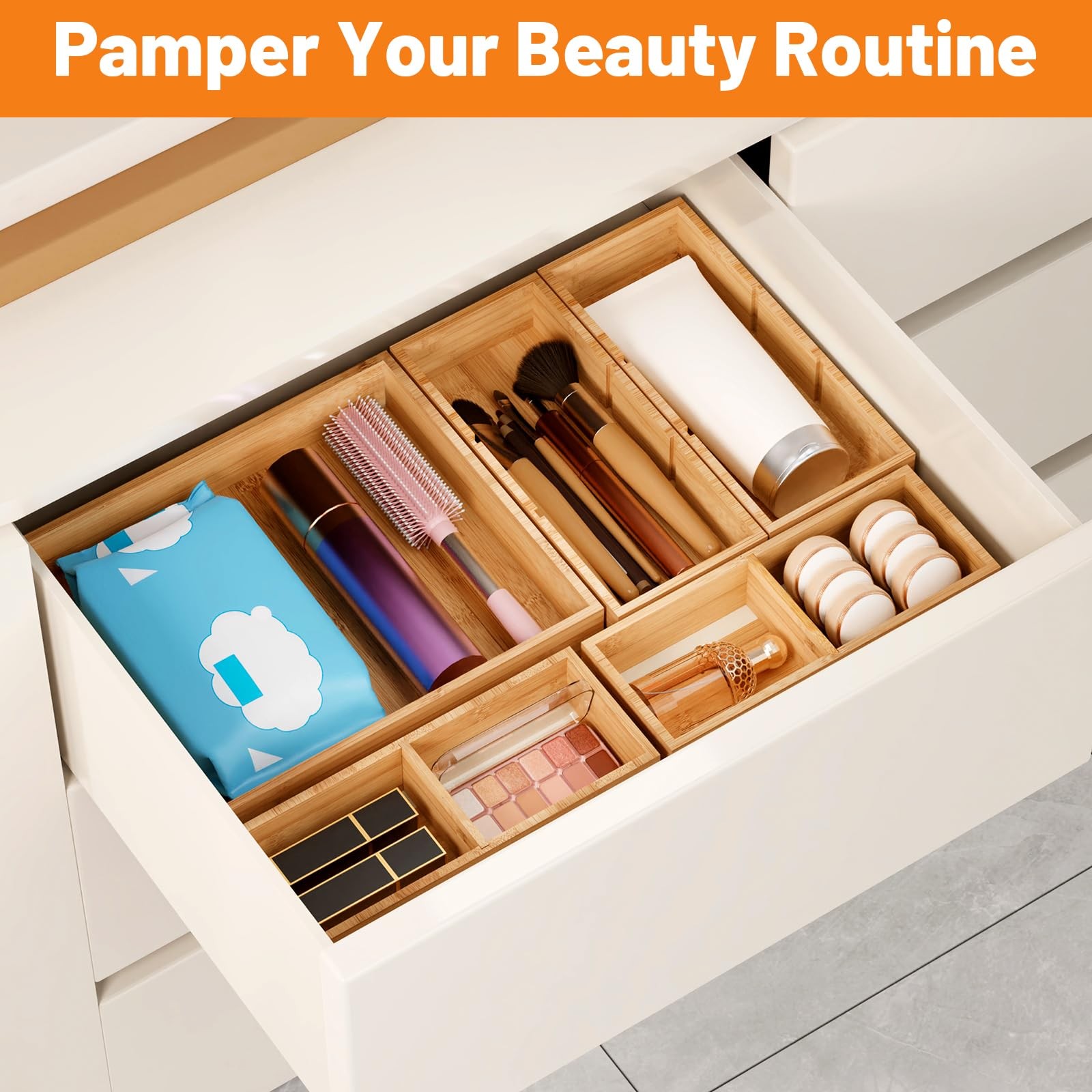 Bamboo Drawer Organizer, 5-Piece Stackable Trays with Removable Dividers