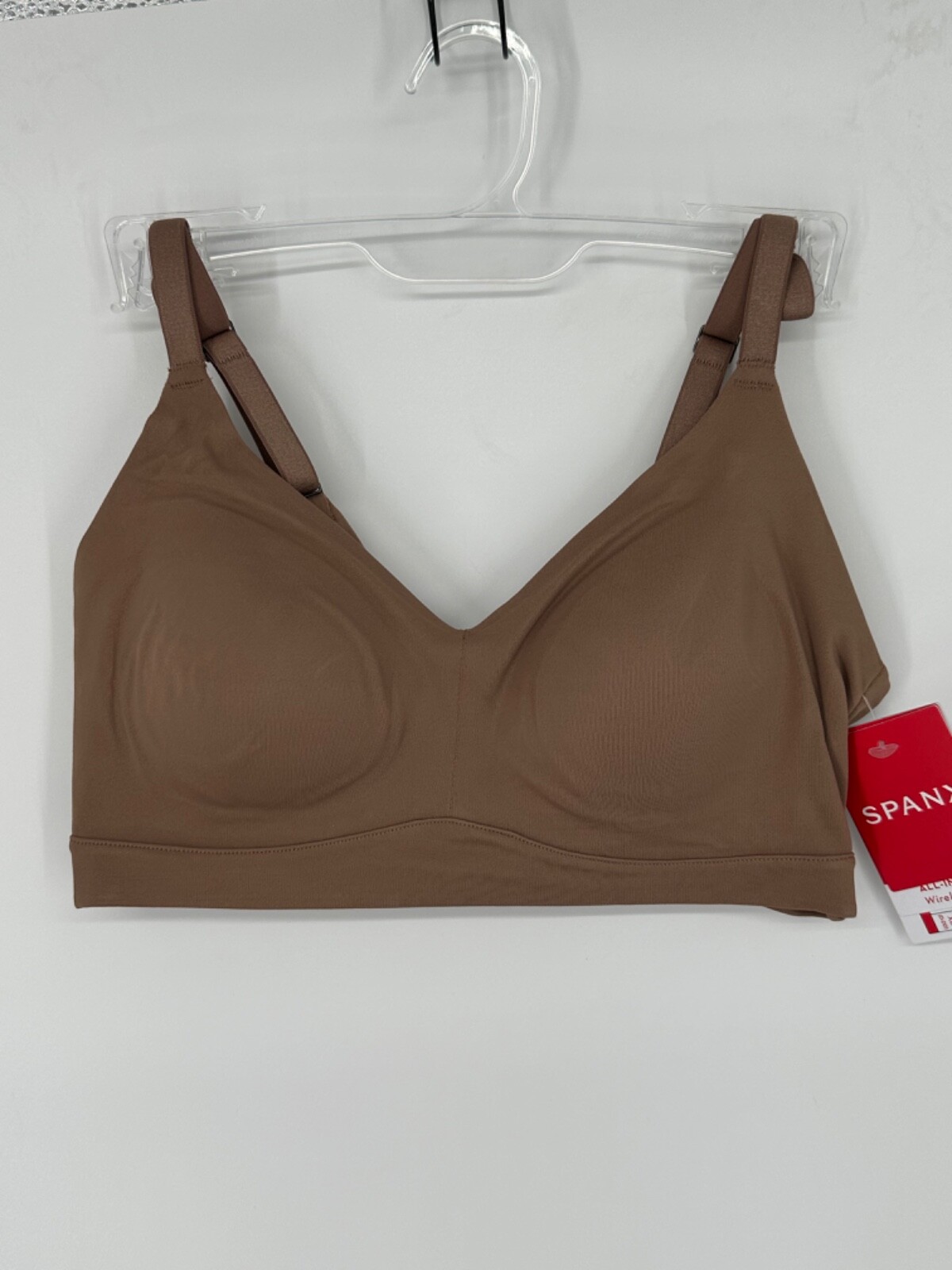 NEW Spanx All-In-One Wireless Bra Sz L Cafe Au Lait Cup D-DD Nylon Elast $64 W1