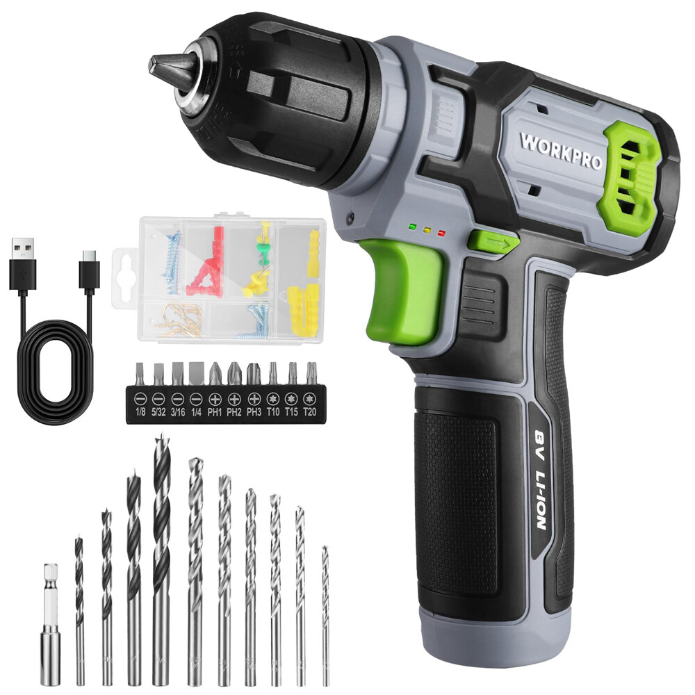 WORKPRO 8V Cordless Drill Driver Set 53pcs Bit Electric Drill 3/8" Keyless Chuck