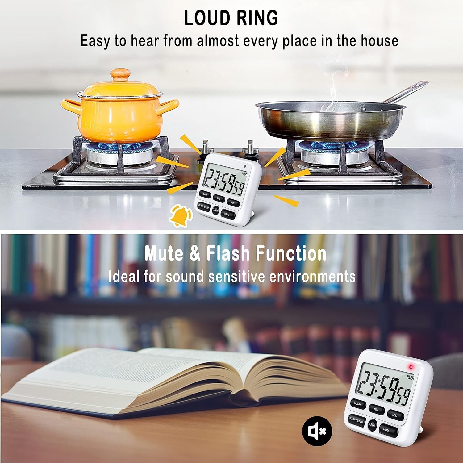 Digital Kitchen Timer with Mute/Loud Alarm Switch ON/Off Switch, 12-Hour Cloc...