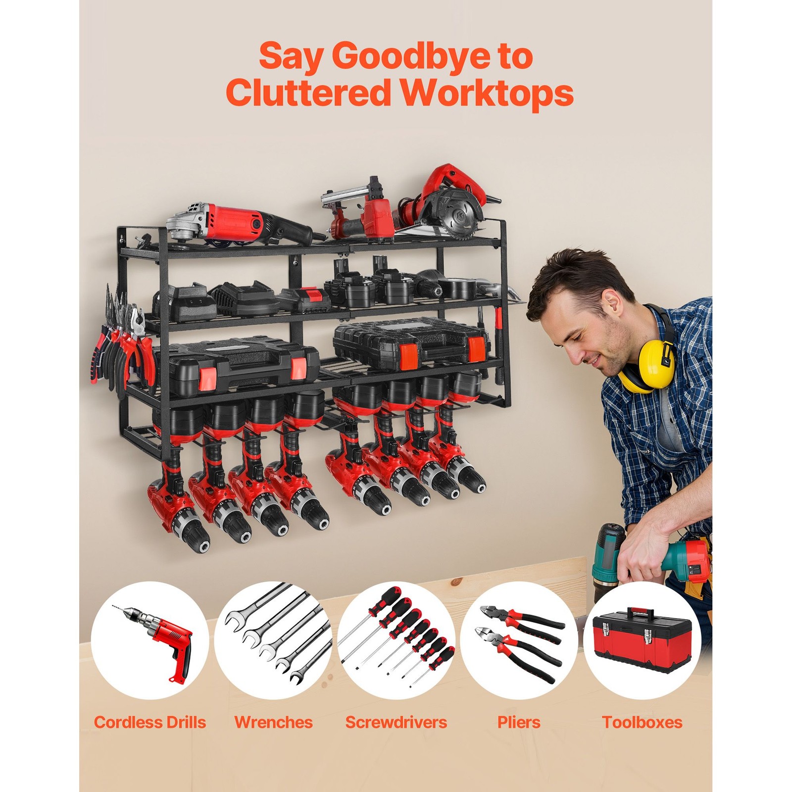 Power Tool Organizer Wall Mount, 4-Layer Storage Rack with 8 Drill Holders