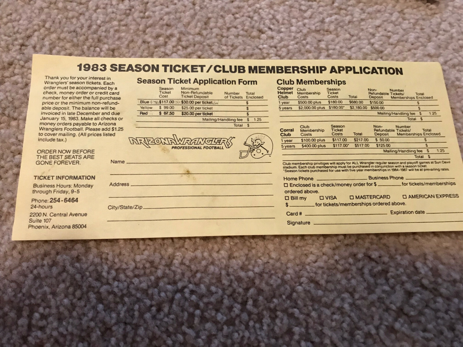 USFL 1983 ARIZONA WRANGLERS TICKET CLUB MEMBERSHIP APPLICATION