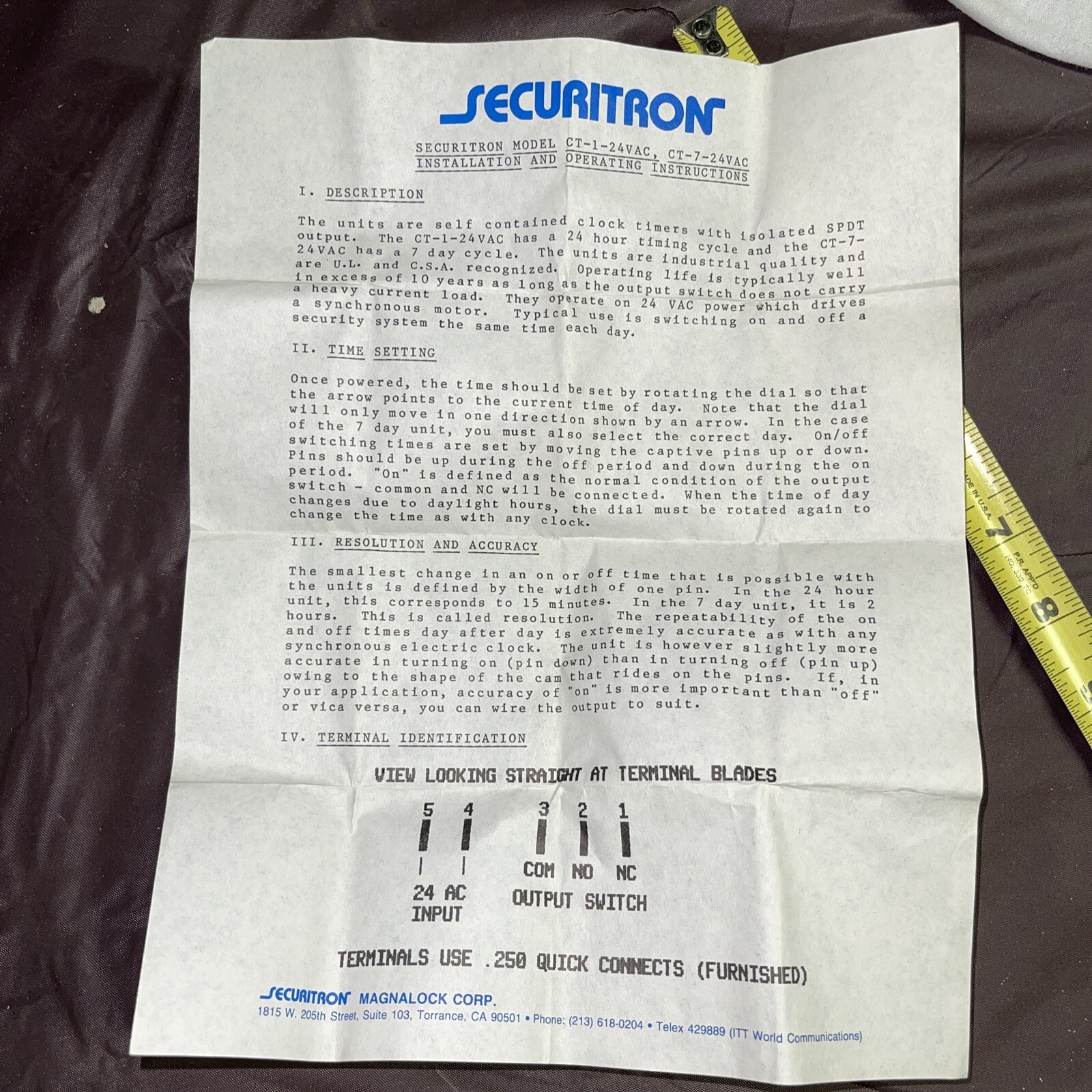 NOS Securitron CT-7-24VAC self contained clock timer