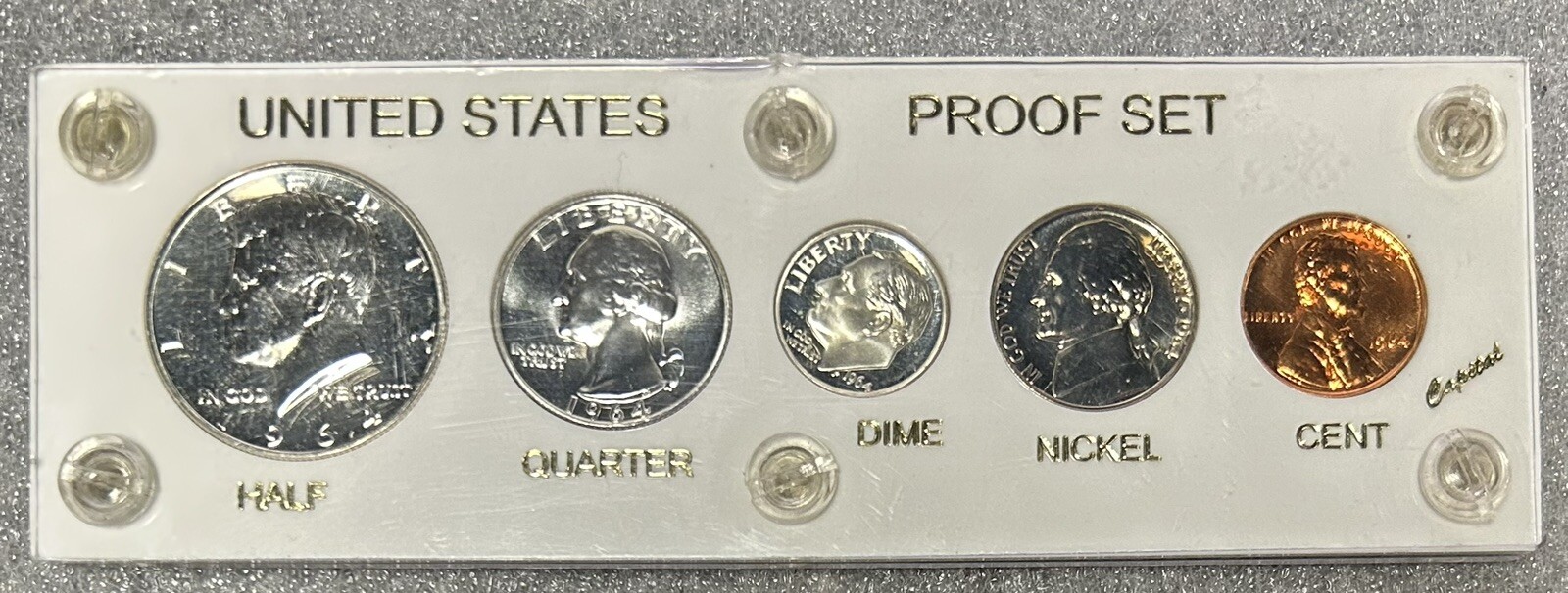 1964 5 Coin Proof Set Accented Hair Kennedy in Plastic Holder          BOX-CS5