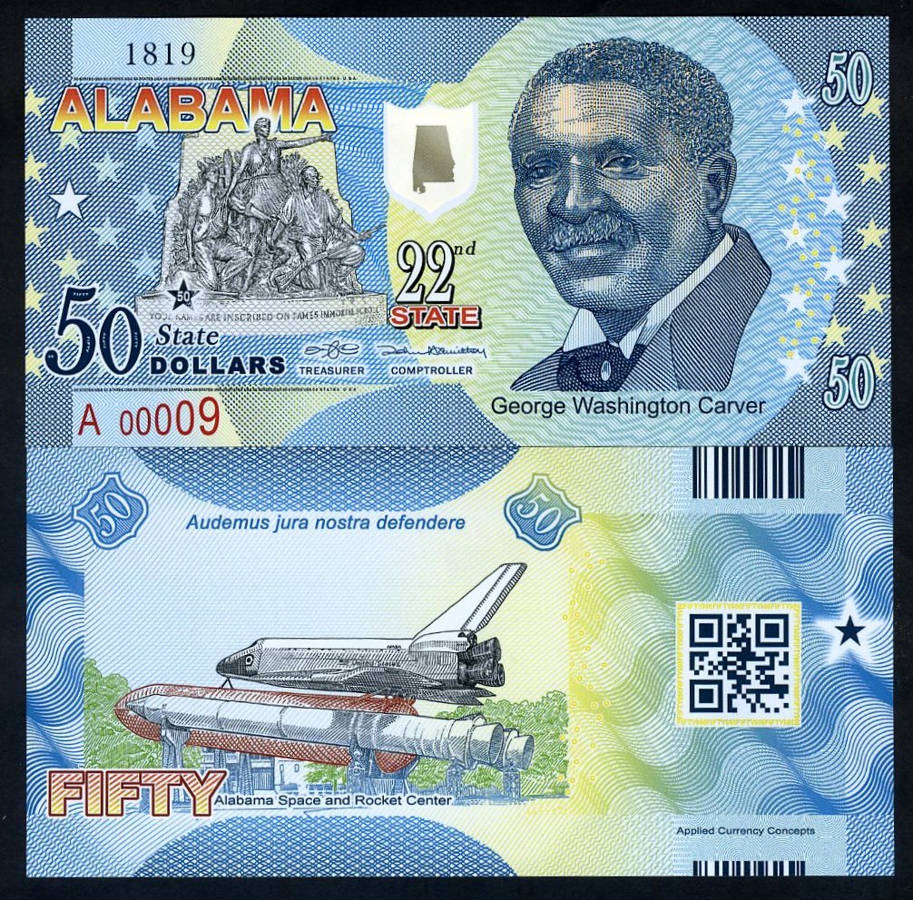 USA States,Alabama, $50, Polymer, ND (2016), UNC George Carver, Space Shuttle F