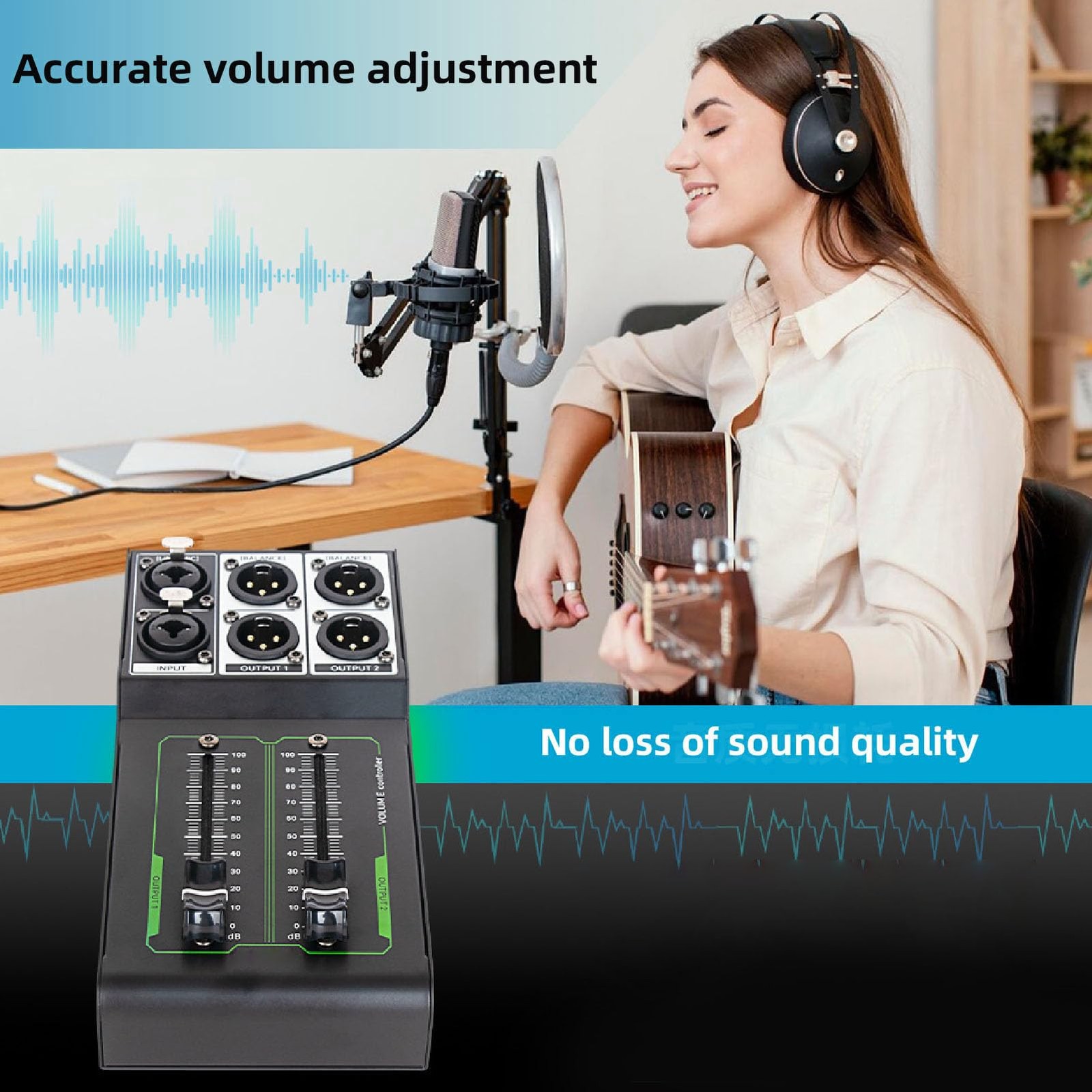 Passive Monitor Volume Controller, XLR 1 Input 2 Output Stereo black