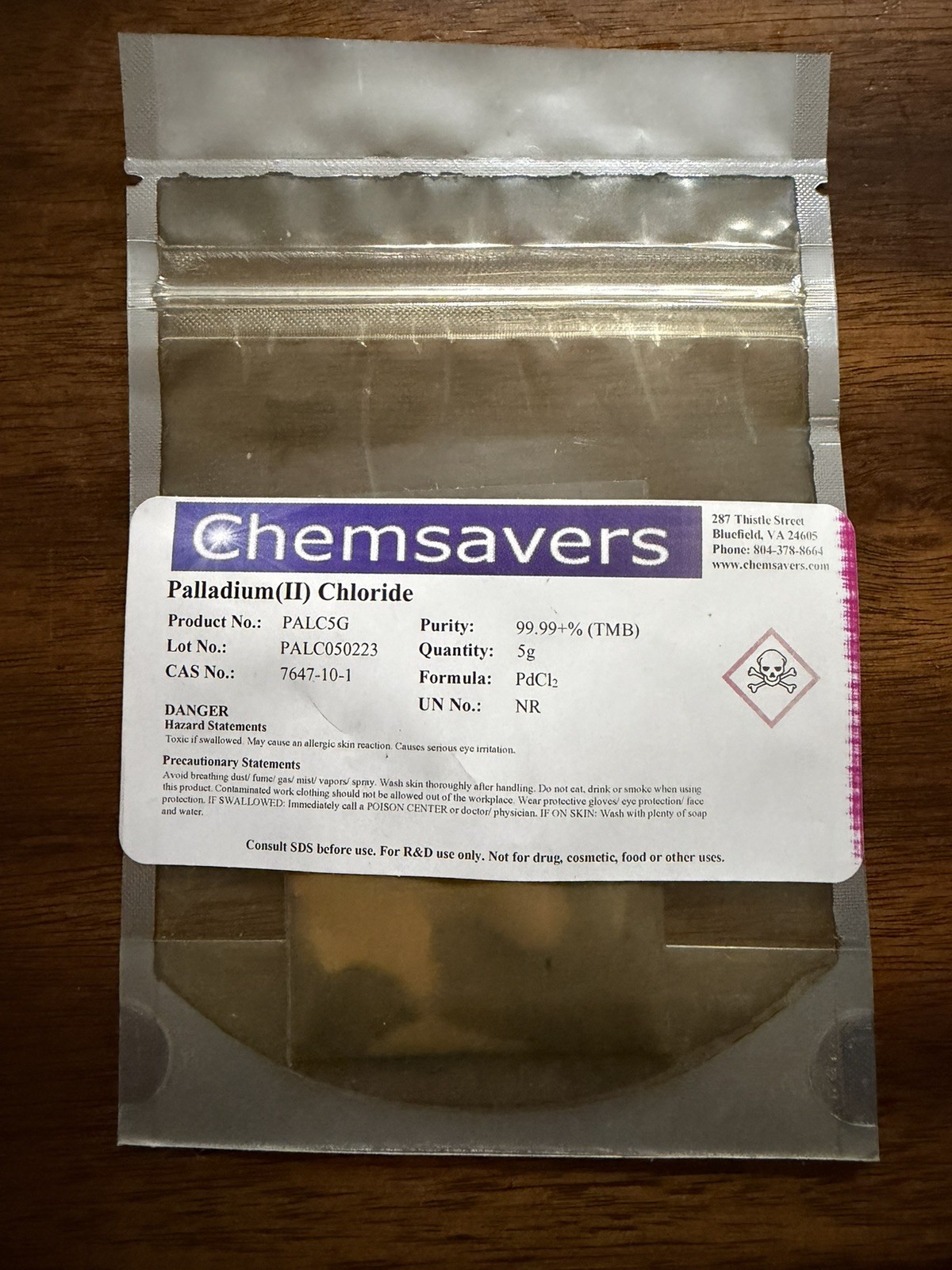 Palladium Chloride, 99.99+% (Trace Metals Basis), 5g