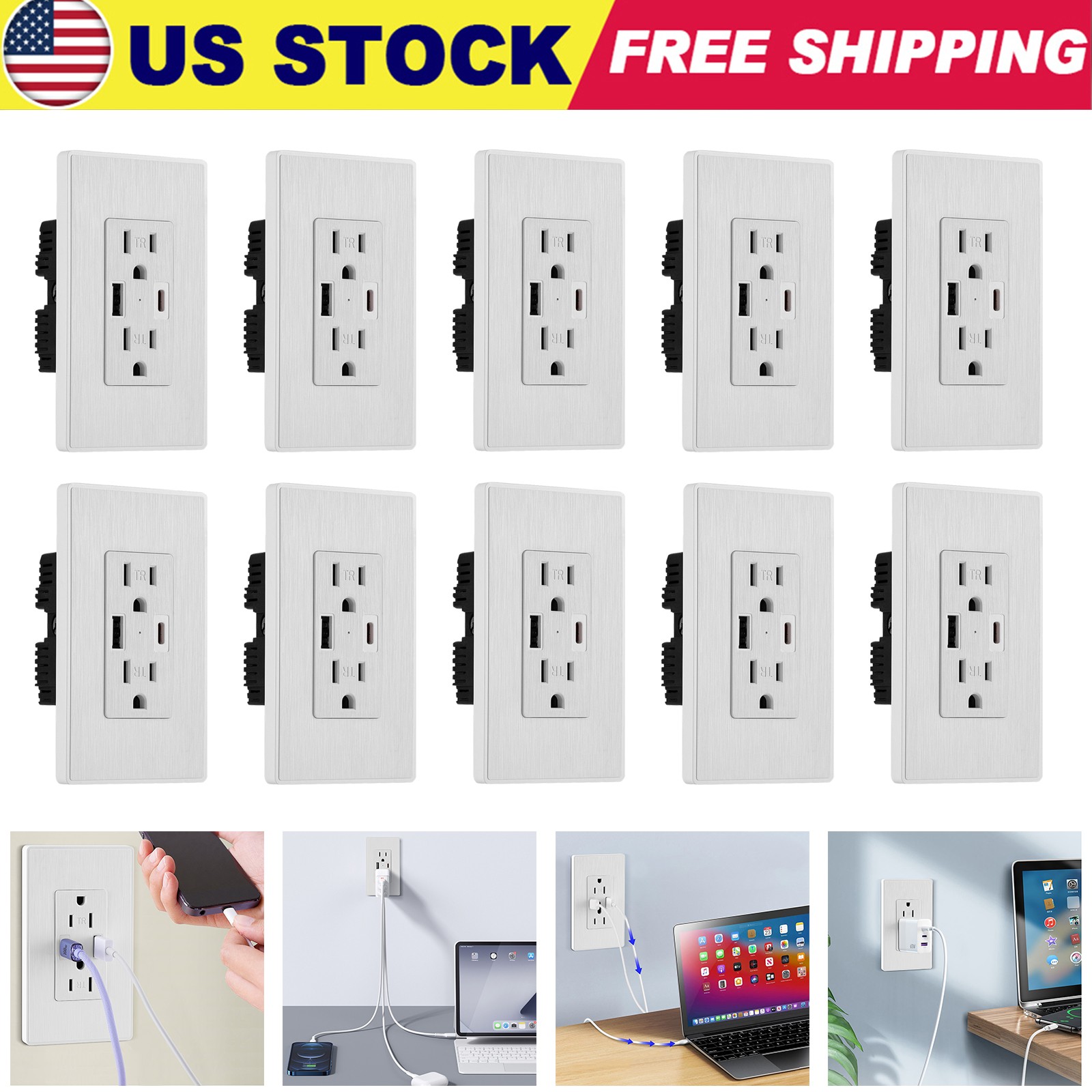 USB-C USB-A Dual Port Wall Socket Outlet Receptacle Electrical Socket 15A