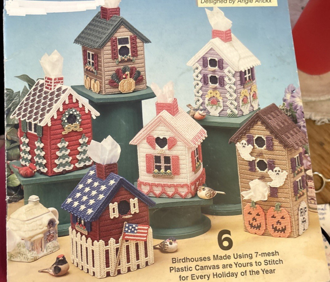 Vtg Rare The Needlecraft Shop HOLIDAY BIRDHOUSE TISSUE BOX COVERS Bk 843472