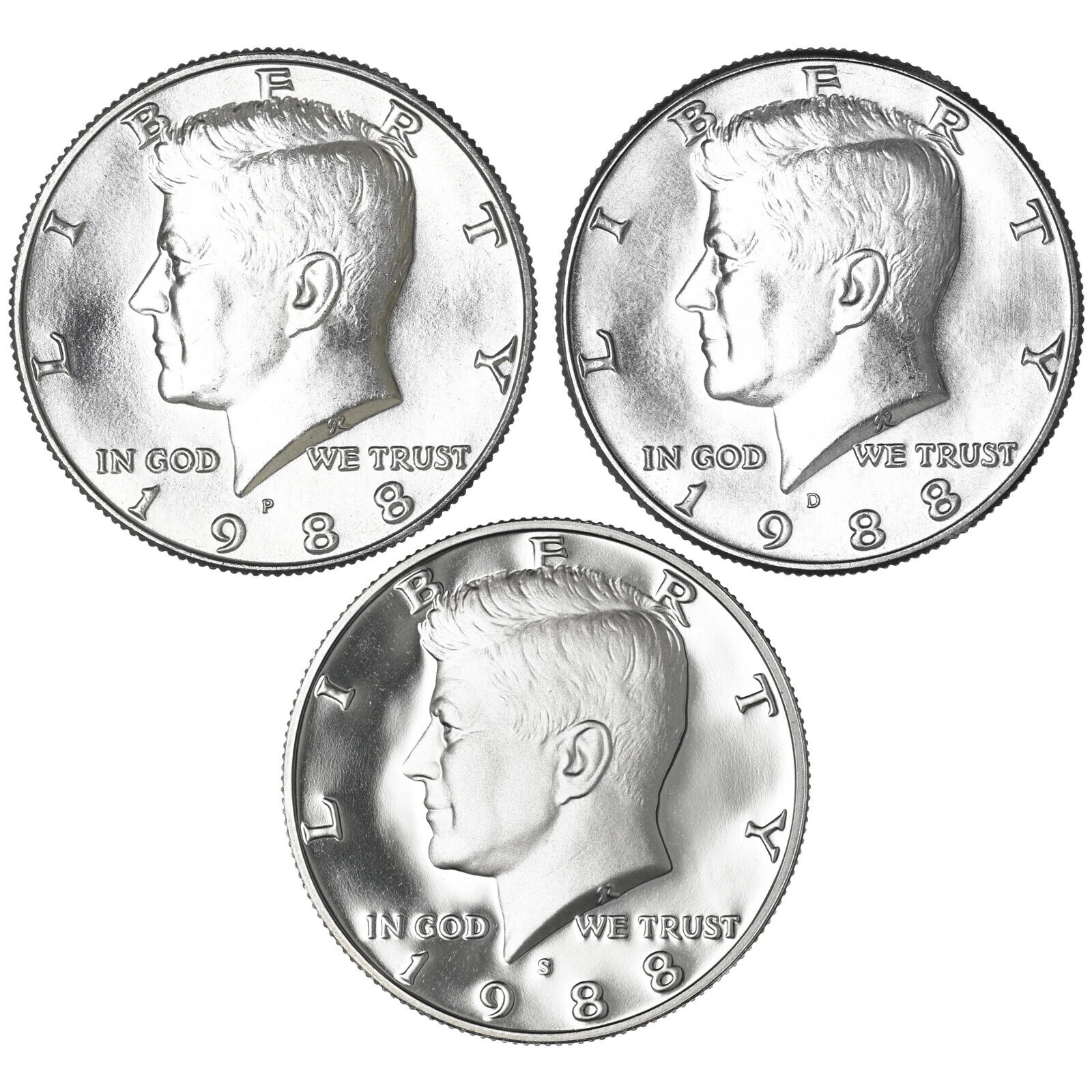 1988 P D S Kennedy Half Dollars Proof and 2 BU - 3 Coin Set