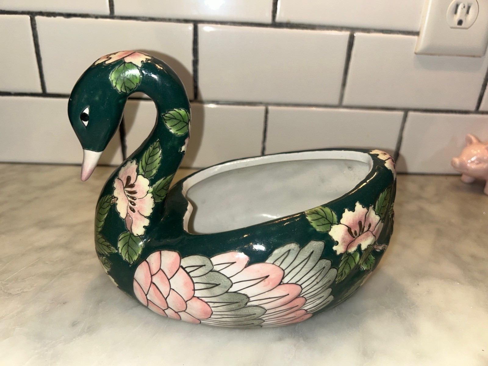 Vintage Ceramic Swan Planter Floral Green Pink Bowl Decor Made in China