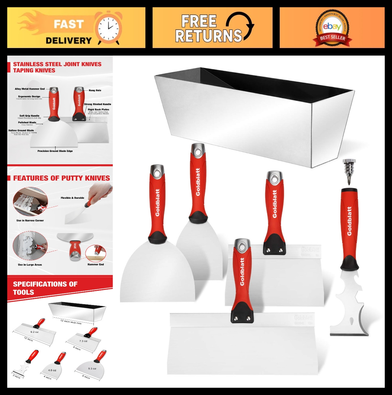 14-in-1 Drywall Tool Kit | 6-Piece Stainless Steel Joint Knives & Scraper Set
