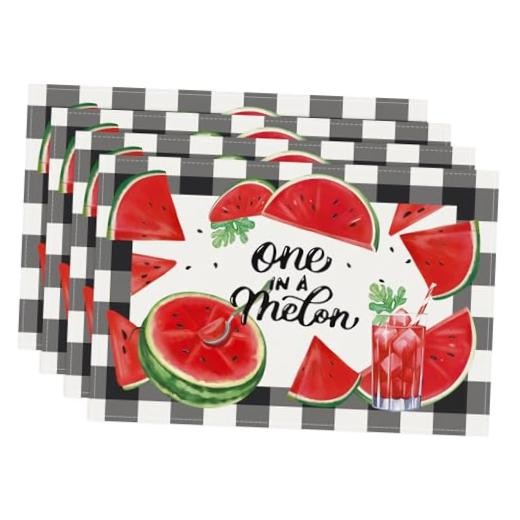 Summer Placemats Set of 4, 12x18 Inch Black White Buffalo Plaid Watermelon