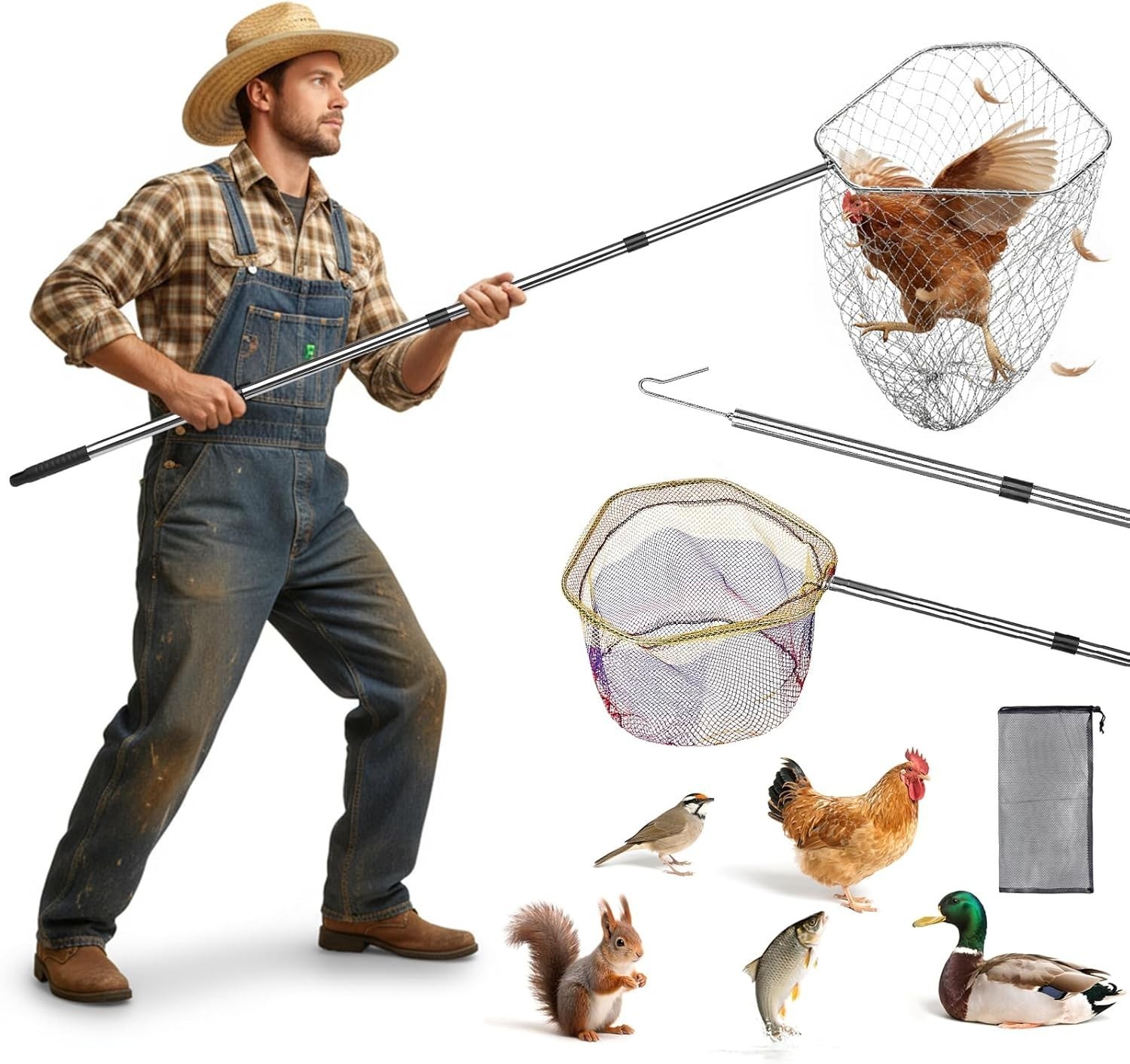 Chicken Catcher 3 in 1 Kit,Adjustable from 33" to 79" Chicken Net W/ 2 Folding