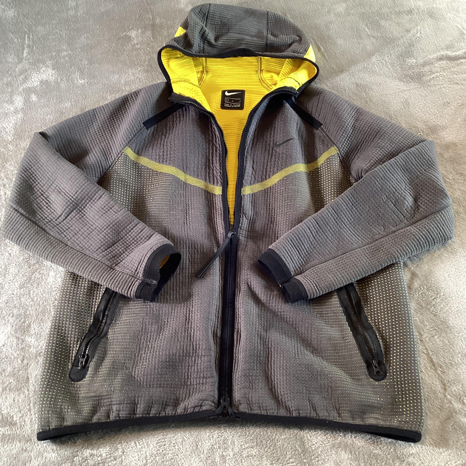 Nike Jacket Mens Large Gray Yellow Hooded Full Zip Fleece Running Training