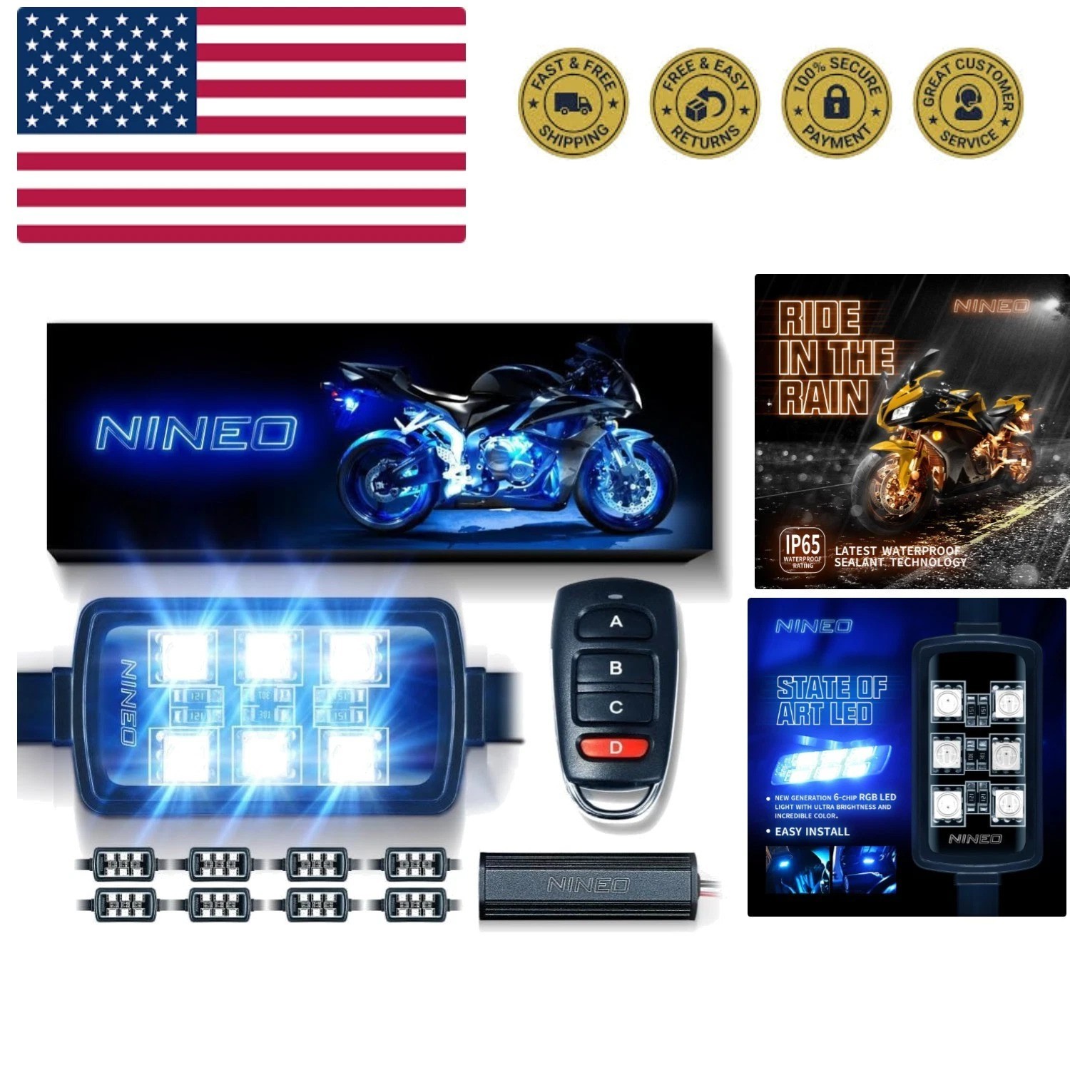 Motorcycle RGB LED Light Kit - 8PCS Multi-Color Underglow Neon Lights with Br...
