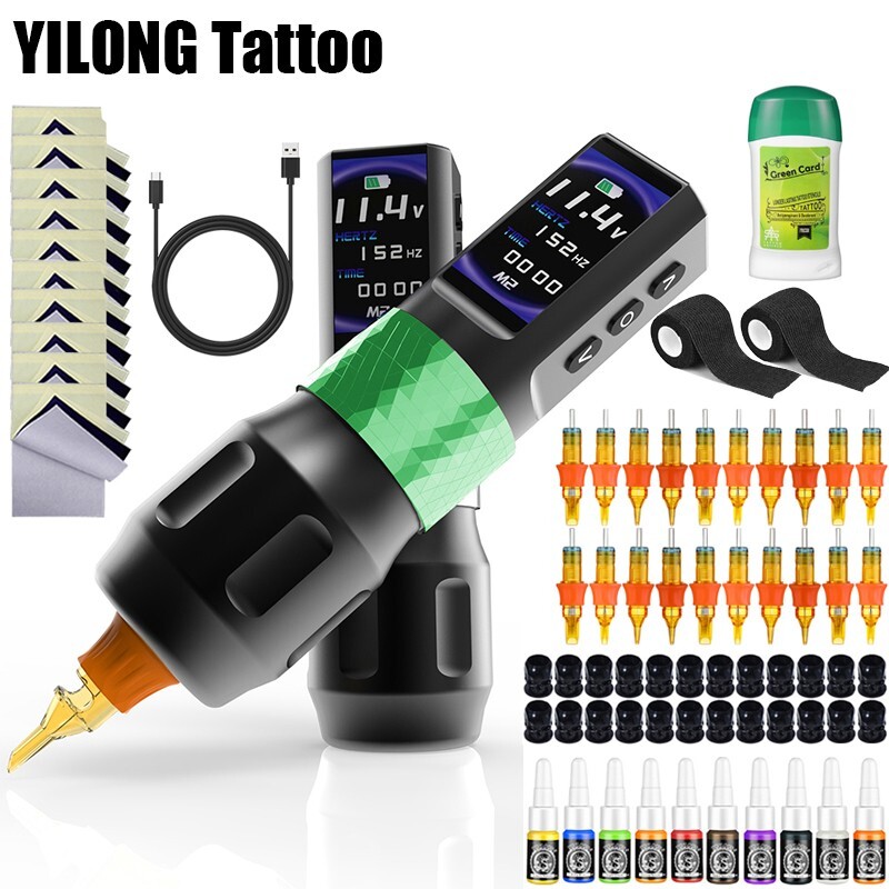 Professional Coreless Motor Tattoo Gun Machine Pen + 2 Wireless Power 2000mAh