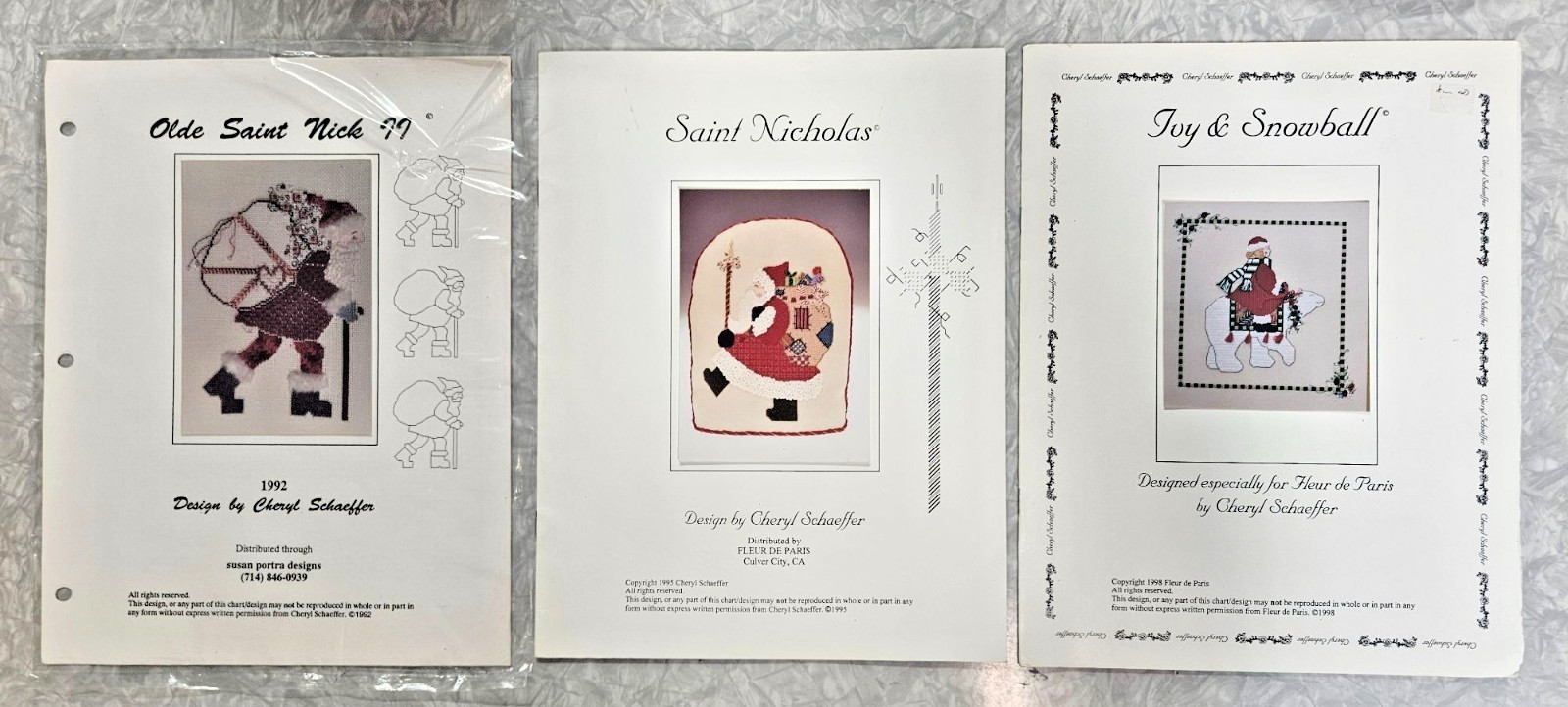 Lot 3 Cheryl Schaeffer Santa Needlepoint Charts Olde Saint Nick Ivy Snowball