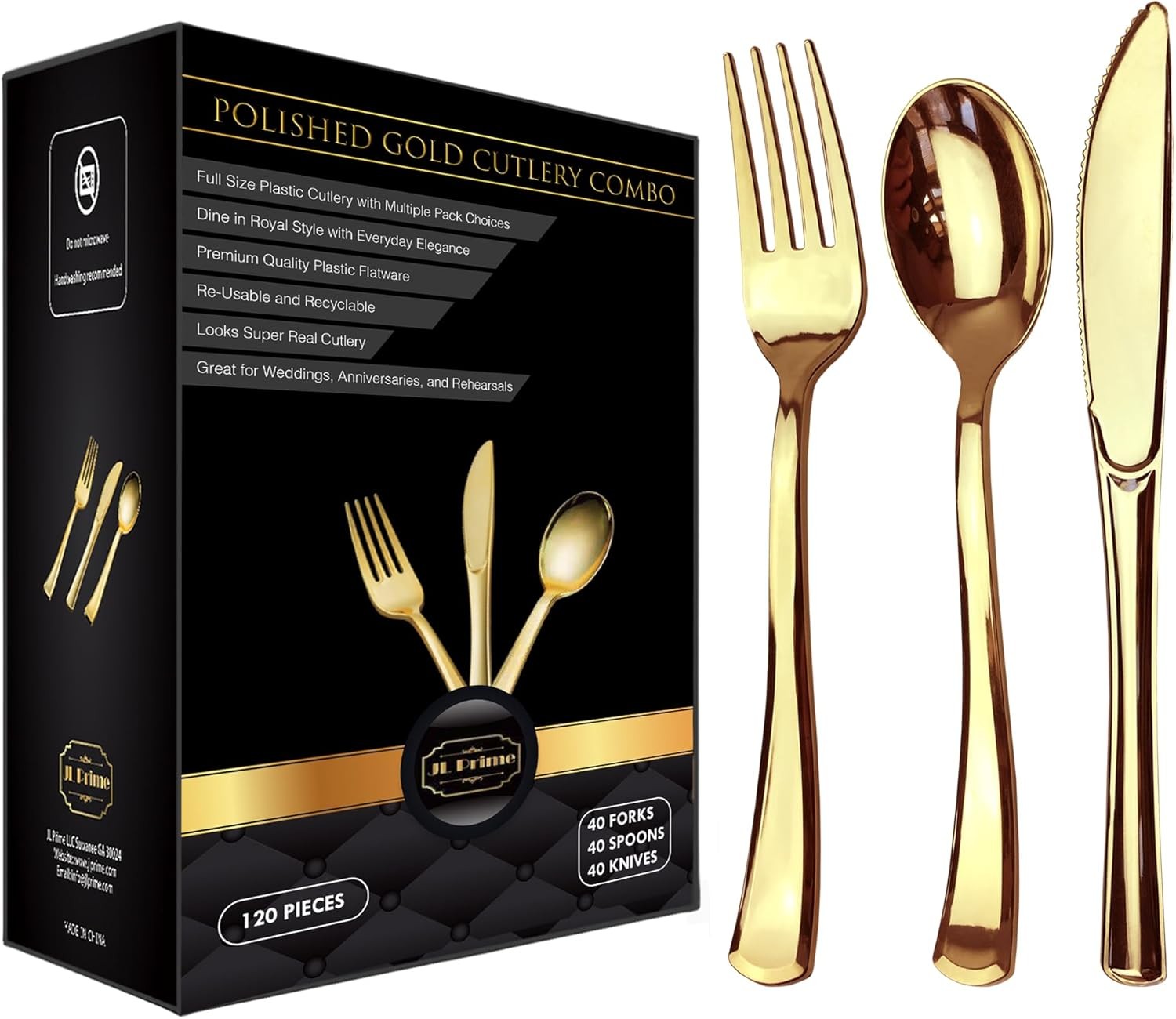 120 Piece Gold Plastic Sierware Set - Reble & Recyclable - Gold