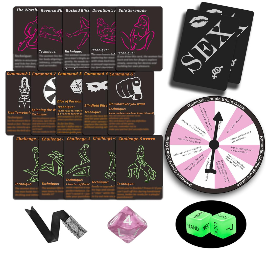 Sex Game for Adult Romantic Cards with Sex Positions Blindfold, Spin Wheel, Dice