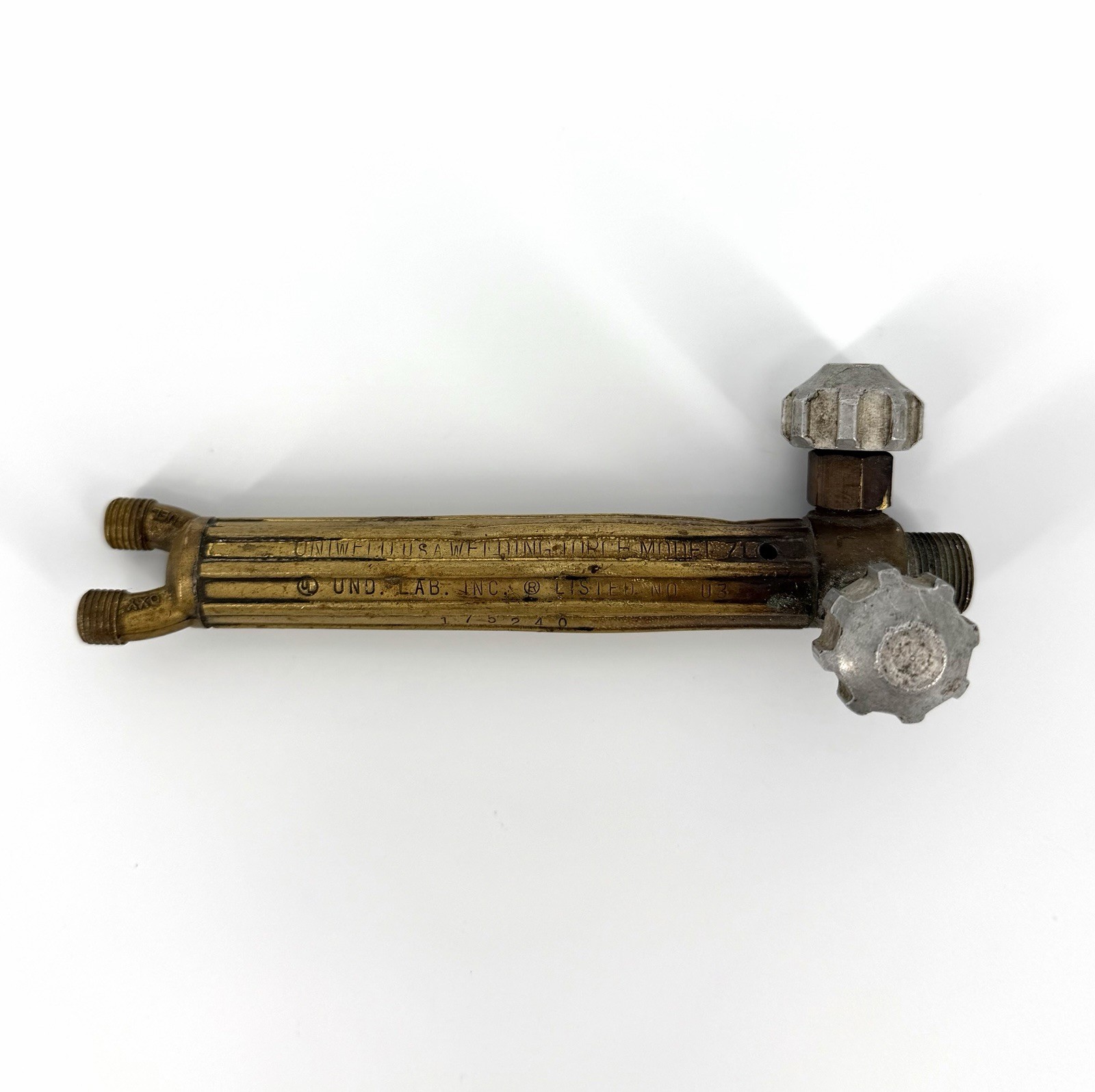Vintage UNIWELD USA Brass Gas Welding Torch Valve Body Dual Inlet Industrial