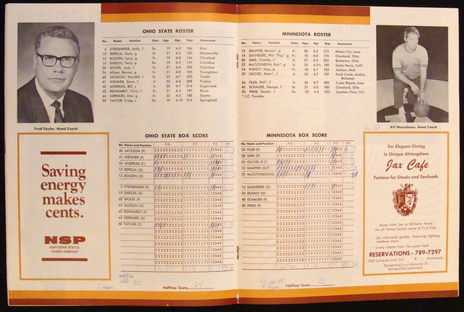 FEB 4, 1974 MINNESOTA GOPHERS V. OHIO STATE BASKETBALL PROGRAM - GEORGE SCHAUER