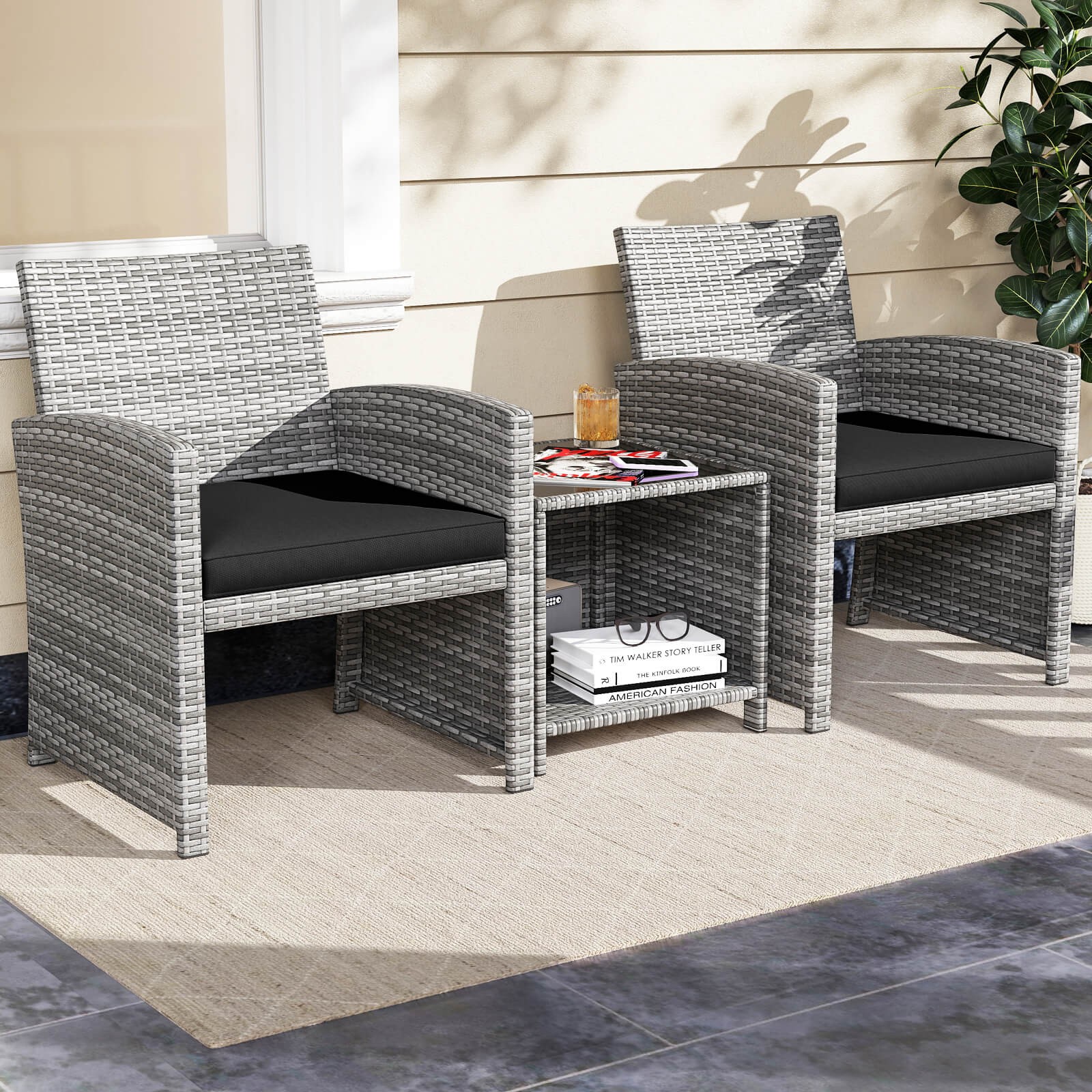 3 PCS Patio Furniture Set w/Tempered Glass Coffee Table & So' Seat Cushions