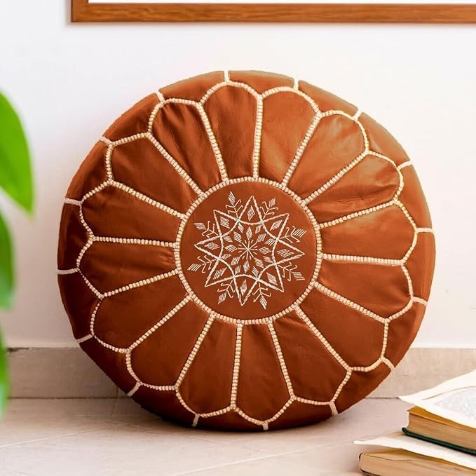 Handmade Moroccan Round Leather Pouffe Unstuffed Boho Ottoman Footrest