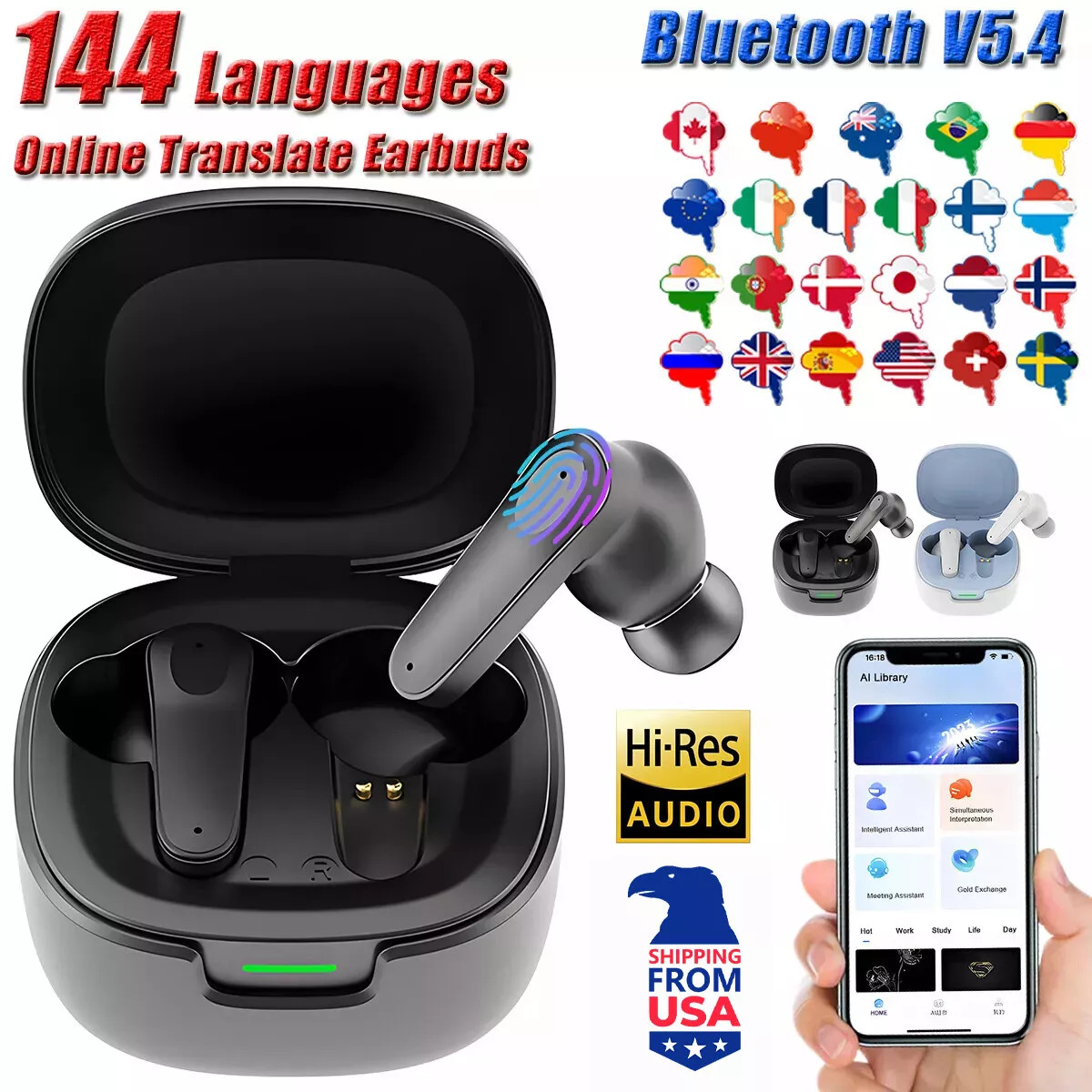 144 Languages Translator Earbuds Real-Time Translator Earphones Smart Voice USA