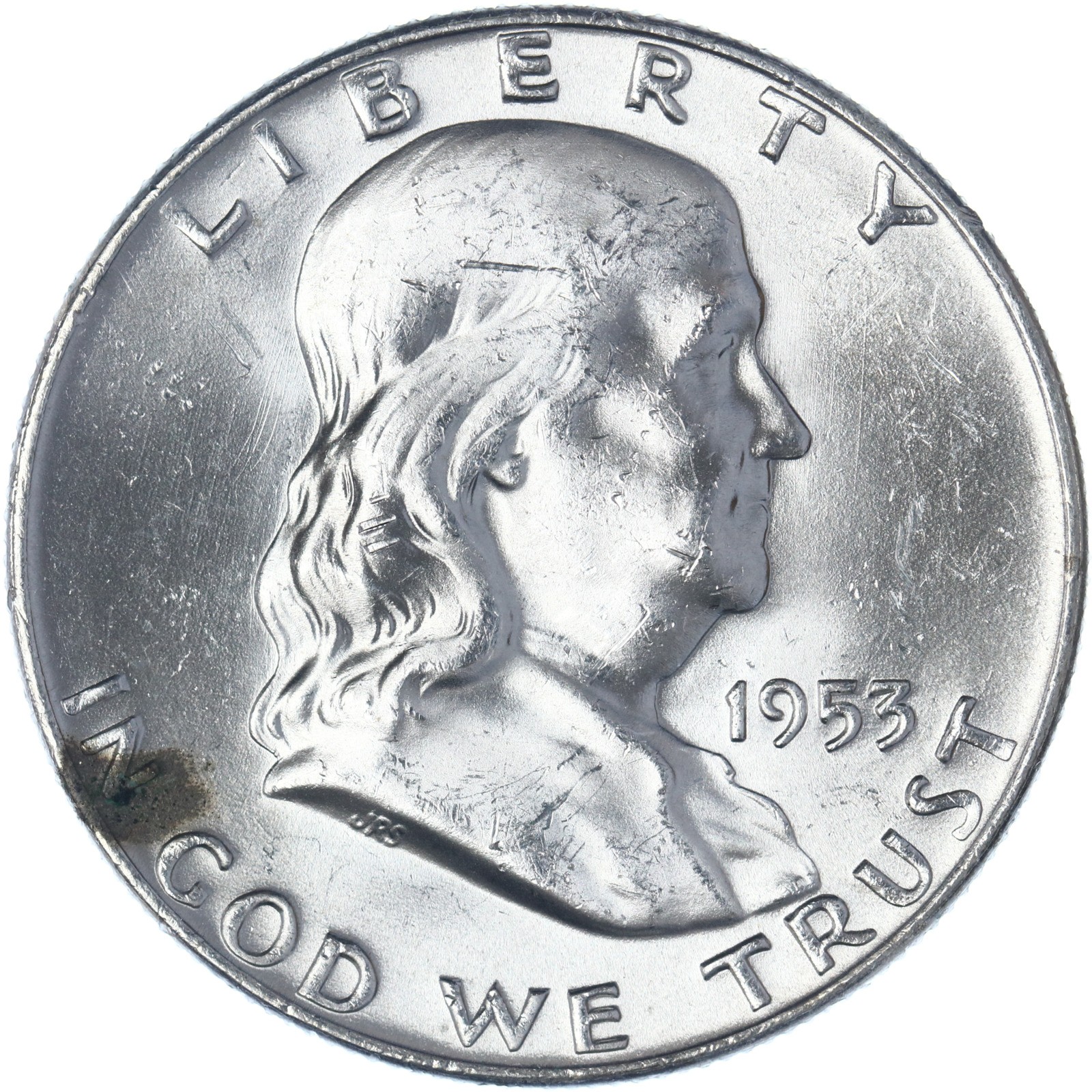 1953 D Franklin Half Dollar Uncirculated 90% Silver Corrosion Spot See Pics F472