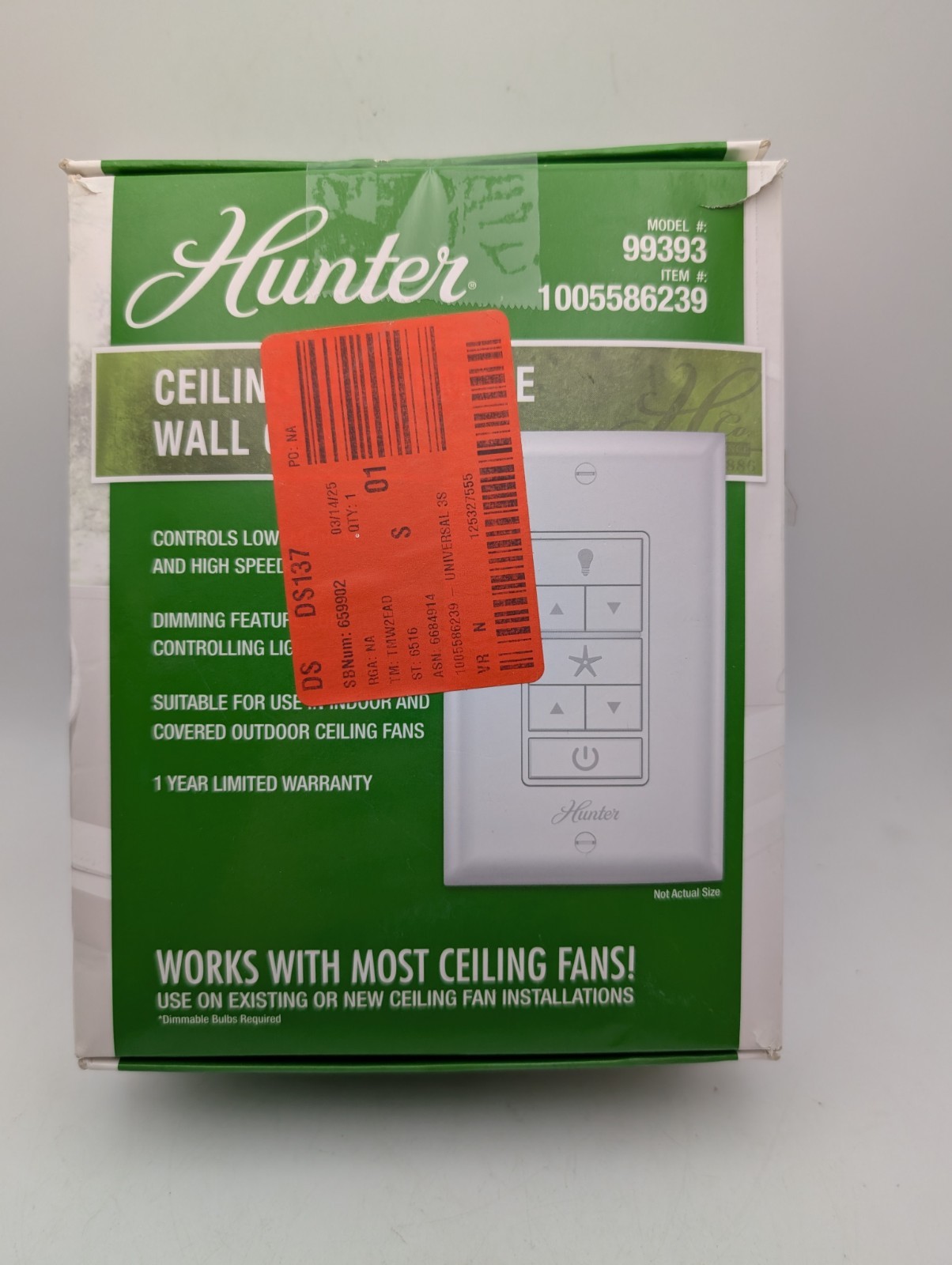 Hunter 99393 Ceiling Fan Remote Control Wall Kit With Receiver White (Open Box)