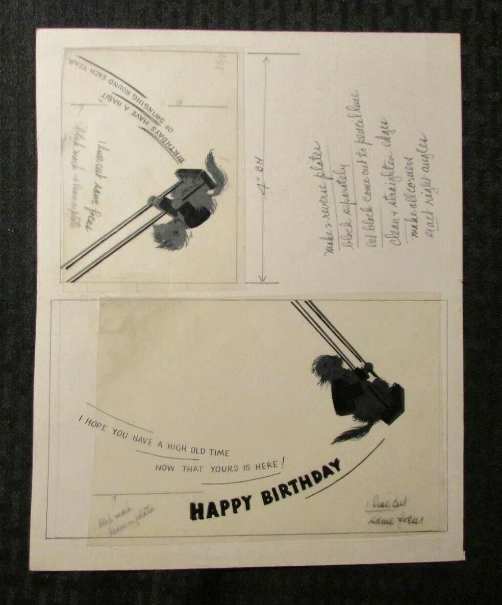 HAPPY BIRTHDAY Cartoon Cat Swinging 2-Panel 11x8.5" Greeting Card Art #nn